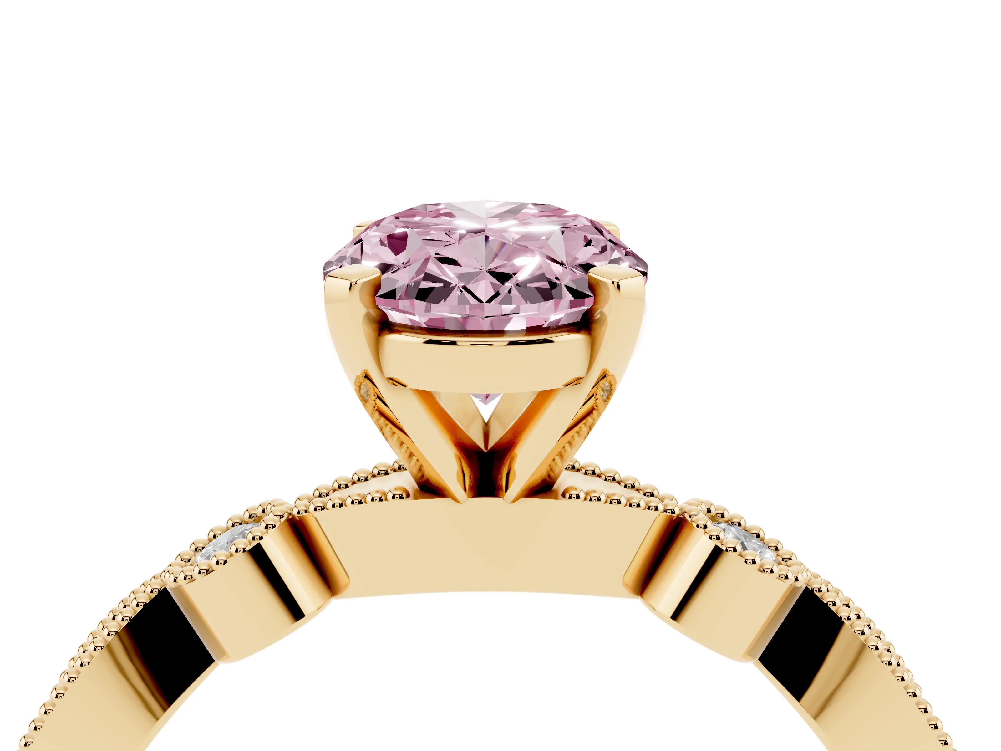 Fancy Pink Oval Cut Diamond Solitaire Engagement Ring Set in Yellow gold with Milgrain Bezel Accent Band