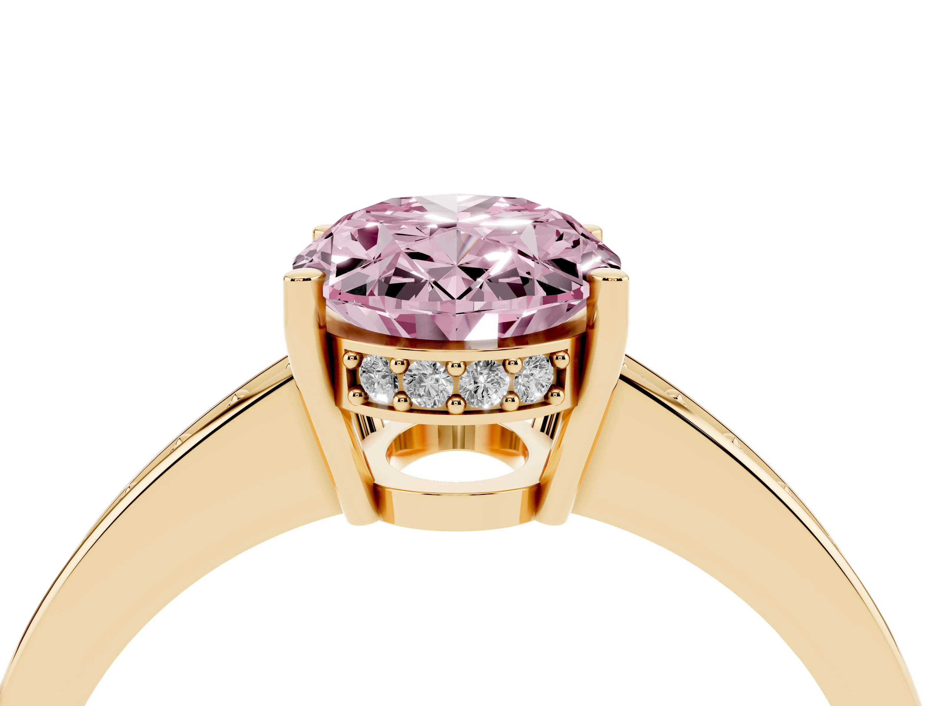 Fancy Pink Oval Cut Diamond Pavé Band Prong Set Solitaire Ring Set in Yellow gold