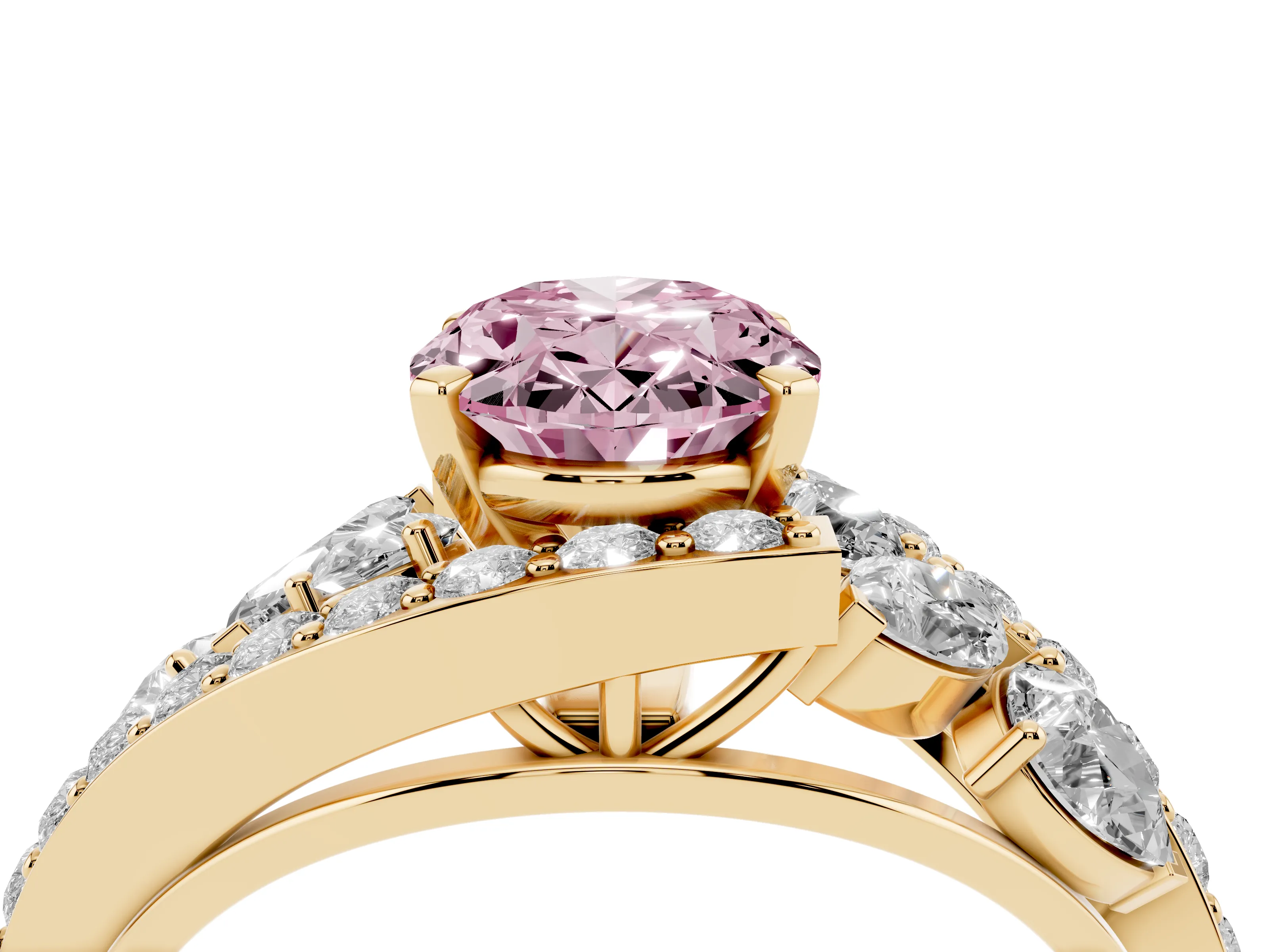 Fancy Pink Oval Cut Diamond Halo Ring Set in Yellow gold with Marquise and Pavé Band in Prong Setting