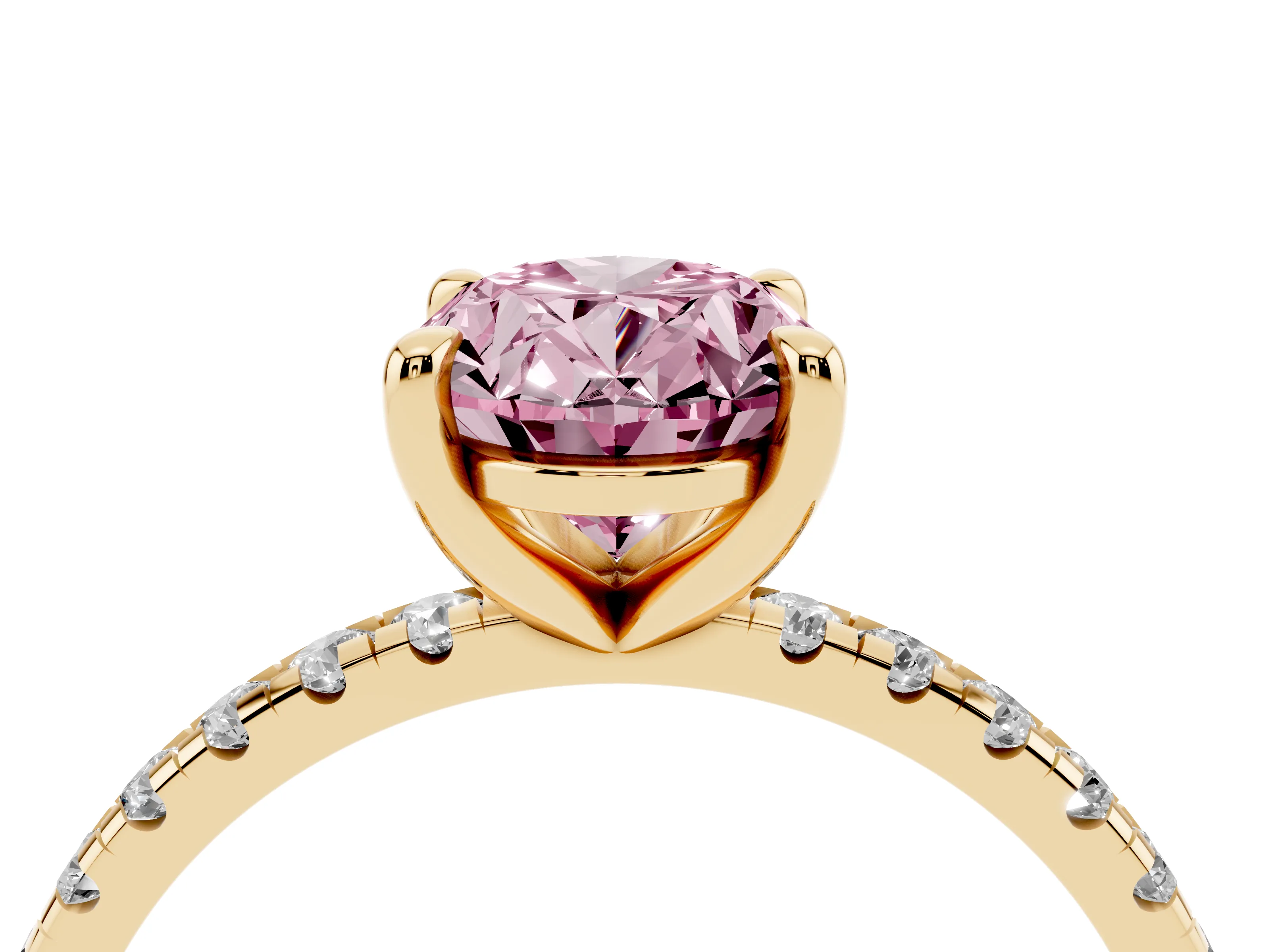 Fancy Pink Oval Cut Diamond Brilliant Solitaire Ring Set in Yellow gold with Pavé Band and Prong Setting