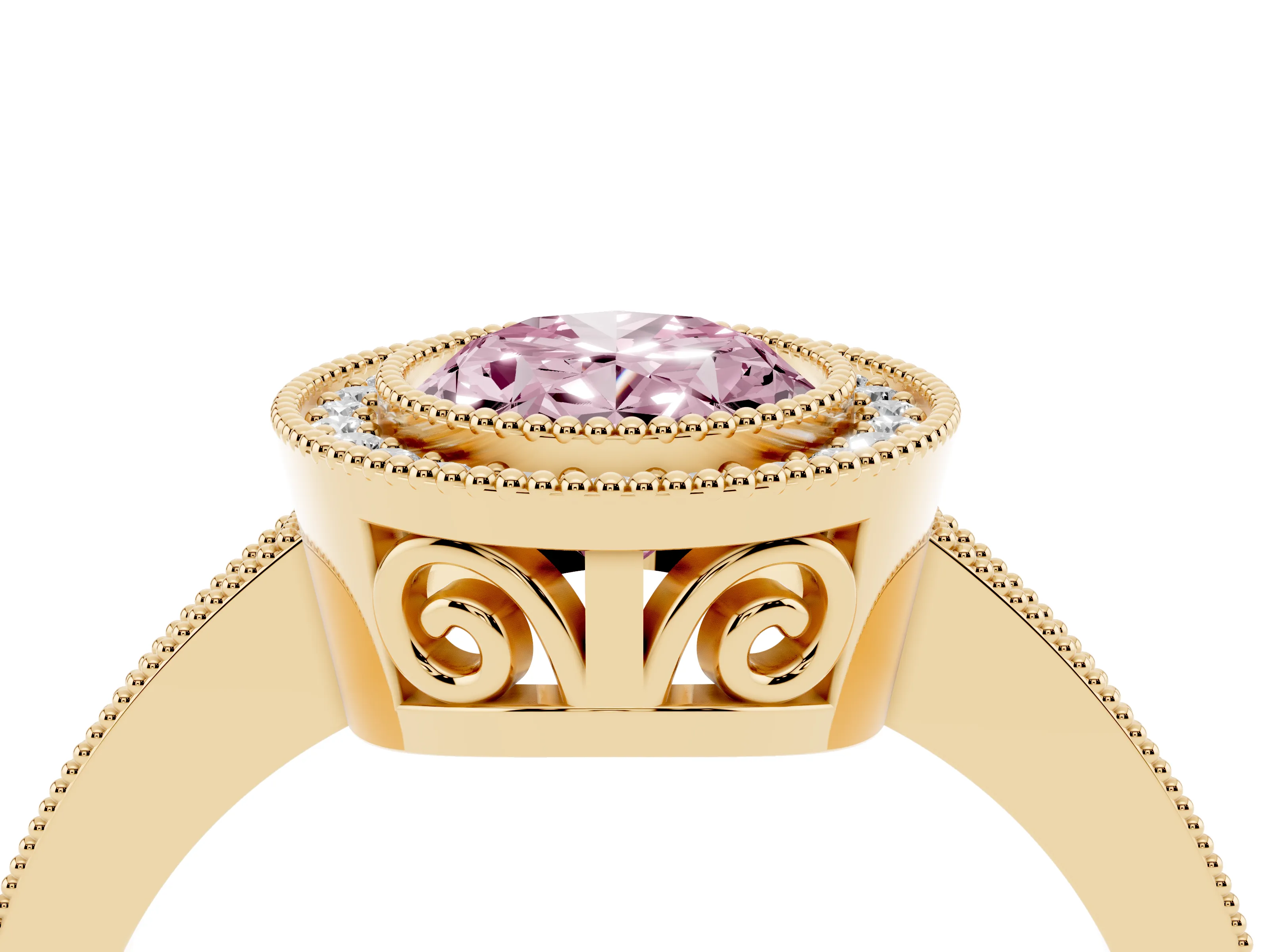 Fancy Pink Oval Cut Diamond Round Halo Ring Set in Yellow gold with Pavé Band