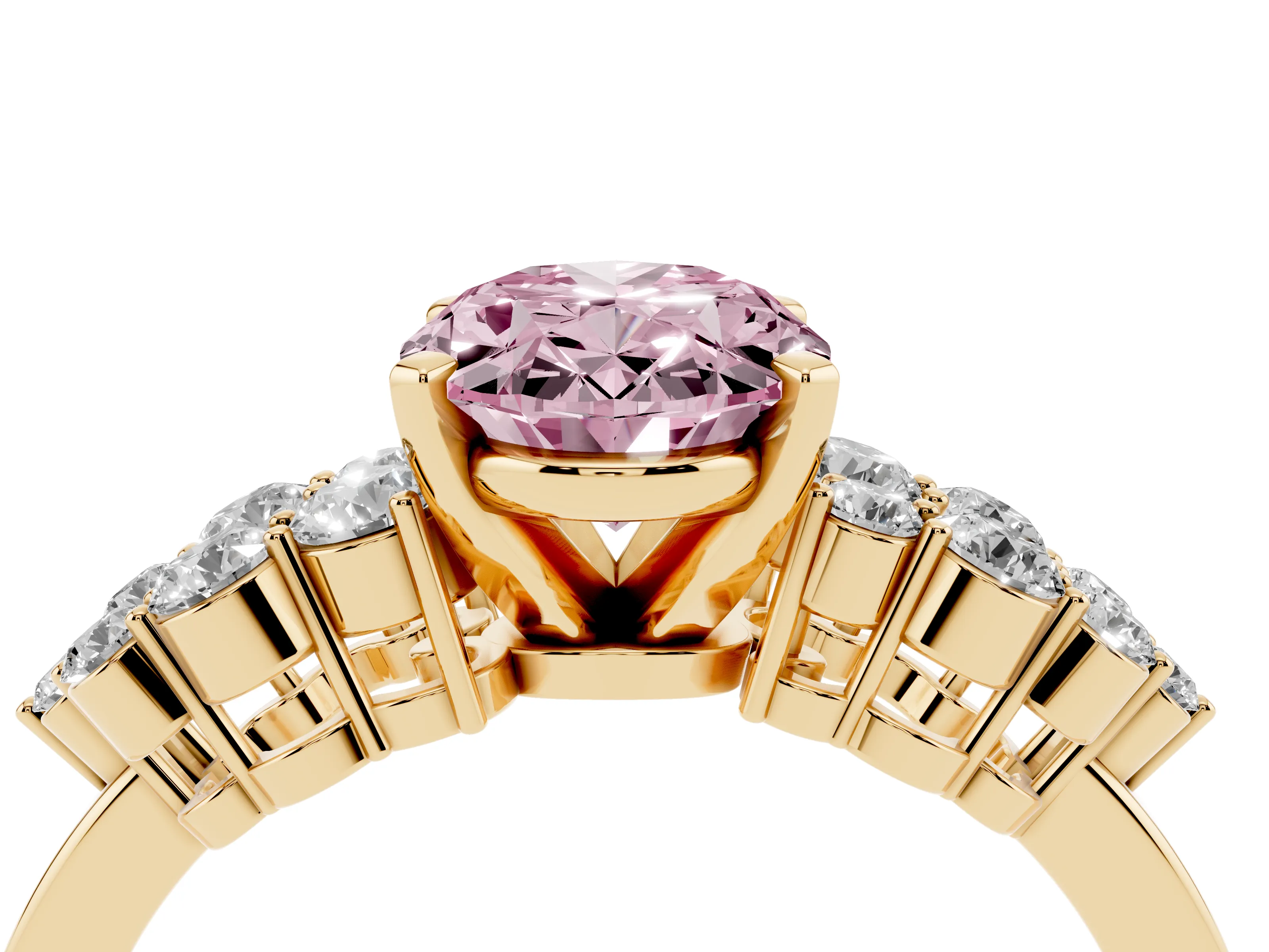 Fancy Pink Oval Cut Diamond Cluster Engagement Ring Set in Yellow gold with Pavé Band and Prong Setting