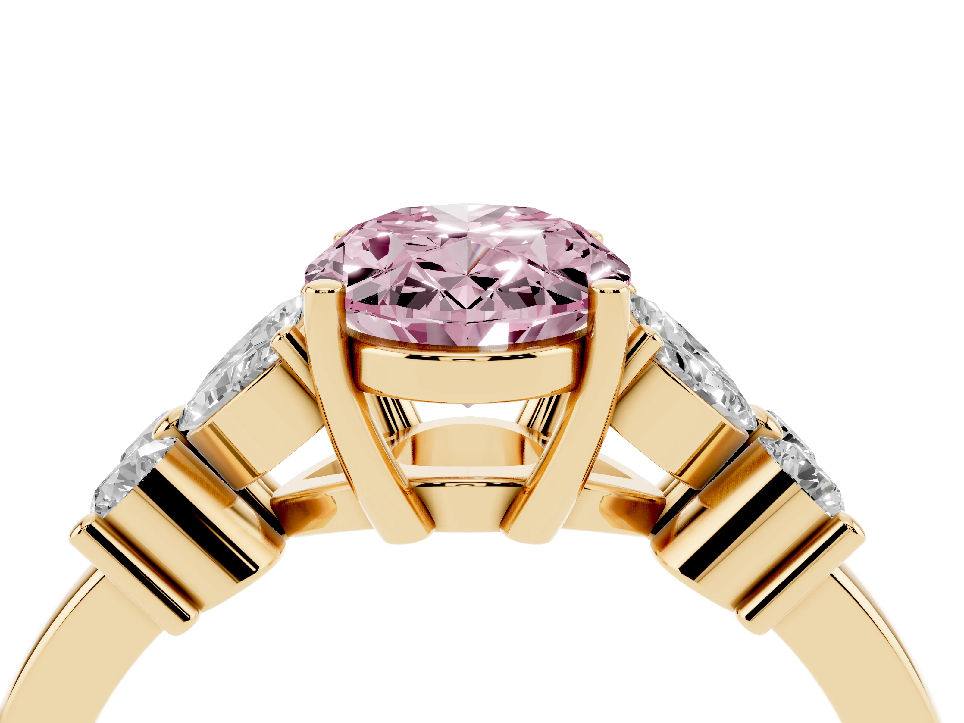 Fancy Pink Oval Cut Diamond Floral Cluster Ring Set in Yellow gold with Marquise Petals and Prong Setting