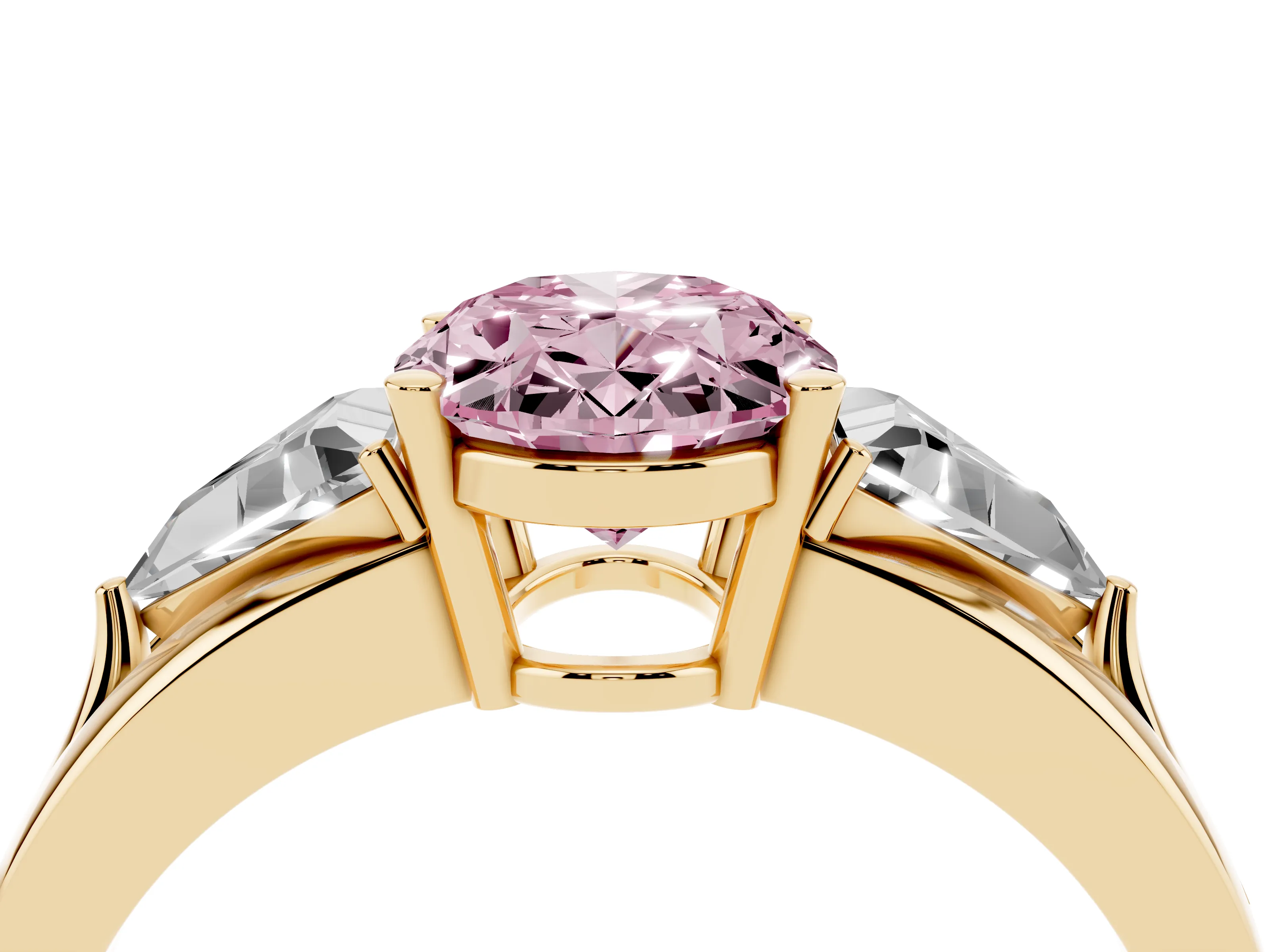 Fancy Pink Oval Cut Diamond Three-Stone Ring Set in Yellow gold with Trillion Side Stones and Split Shank