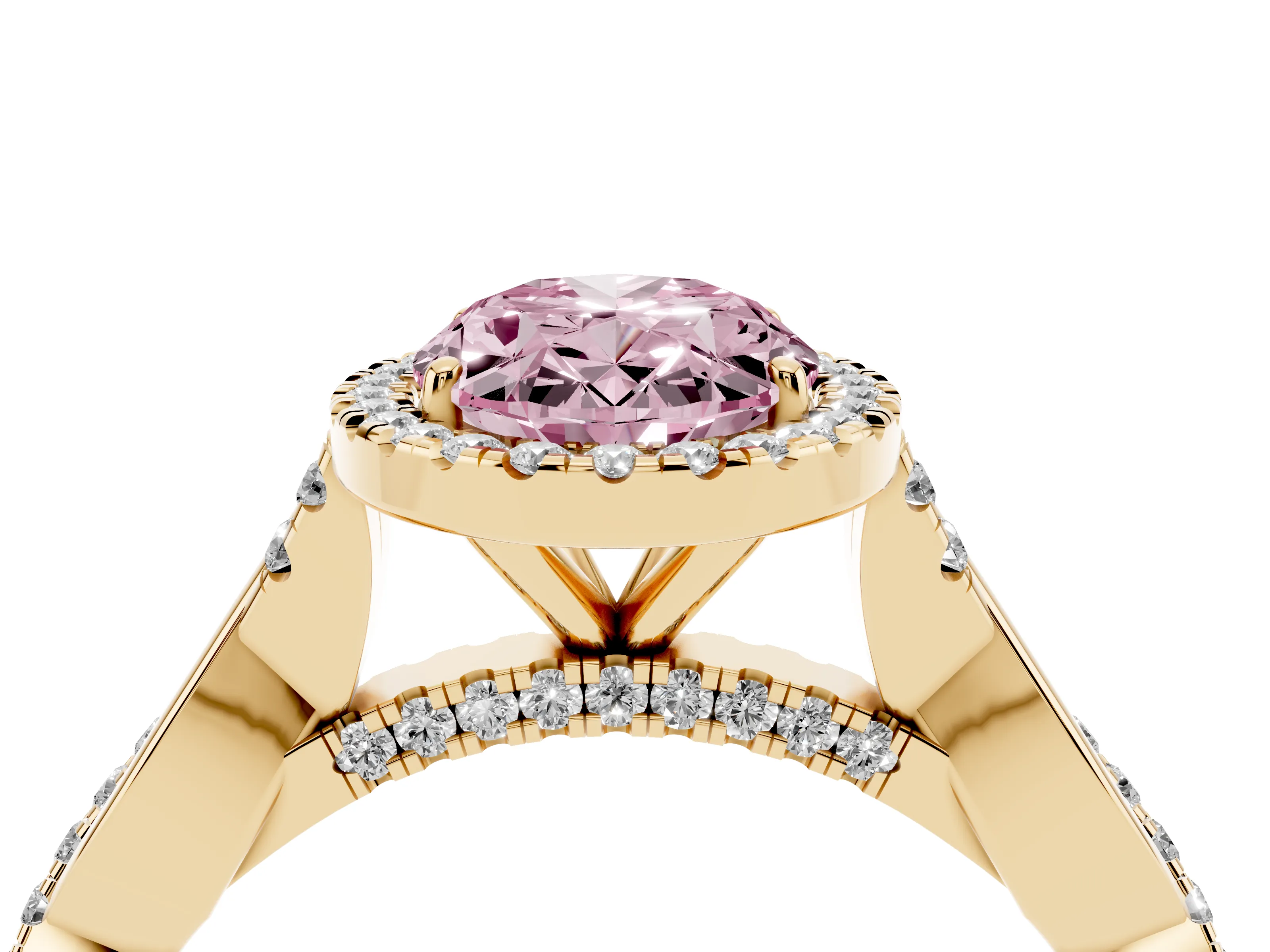 Fancy Pink Oval Cut Diamond Halo Twist Band Solitaire Ring Set in Yellow gold with Prong Setting