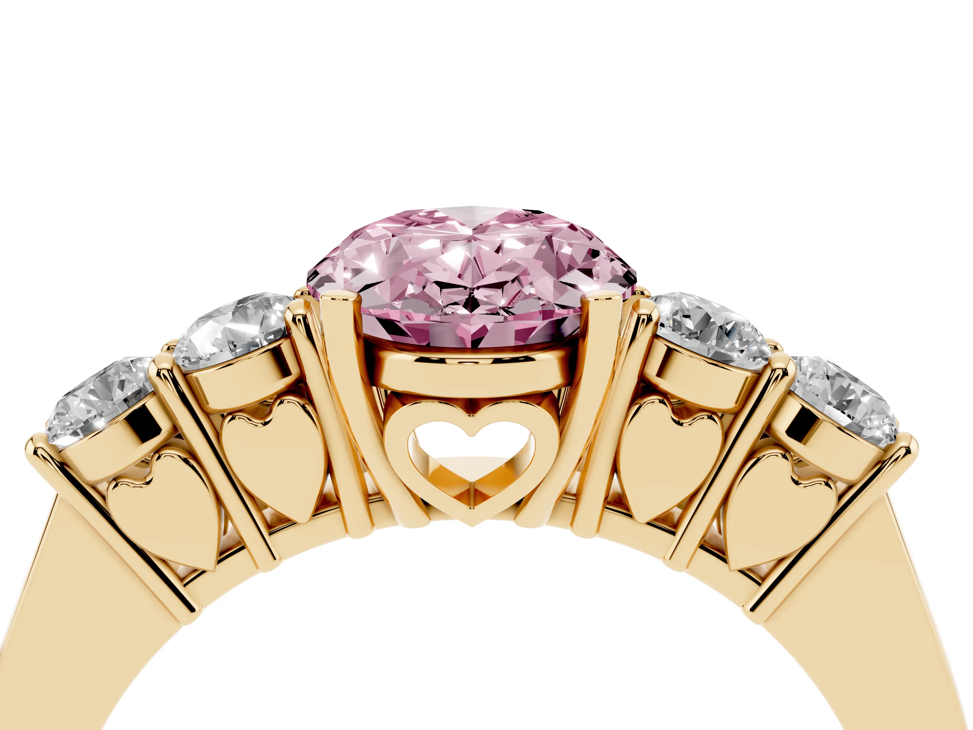 Fancy Pink Oval Cut Diamond Five-Stone Prong Set Band Ring Set in Yellow gold with Polished Band