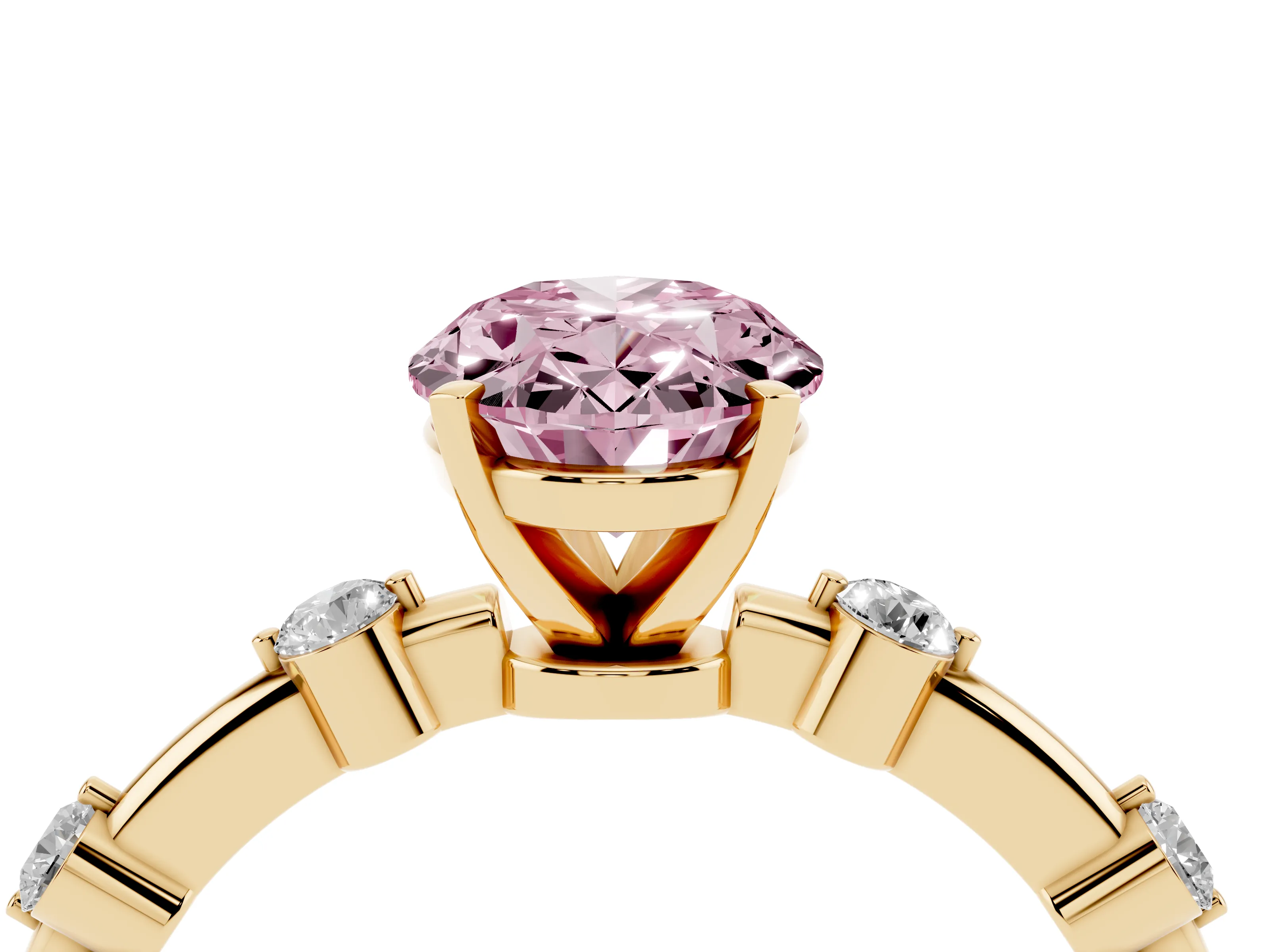 Fancy Pink Oval Cut Diamond Solitaire Ring Set in Yellow gold with Bezel Set Side Stones and Prong Setting