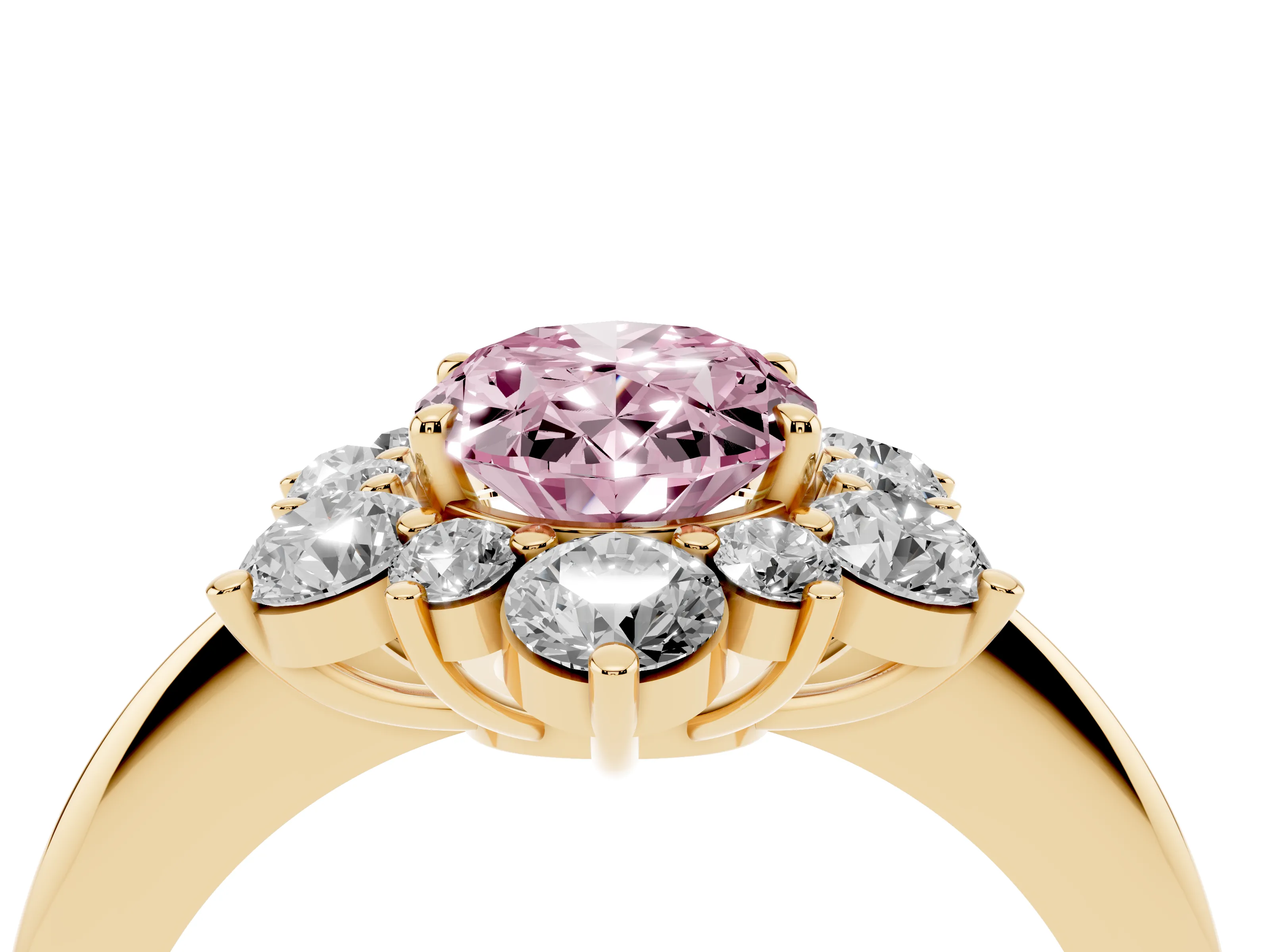 Fancy Pink Oval Cut Diamond Cluster Halo Ring Set in Yellow gold with Solitaire Band and Prong Setting