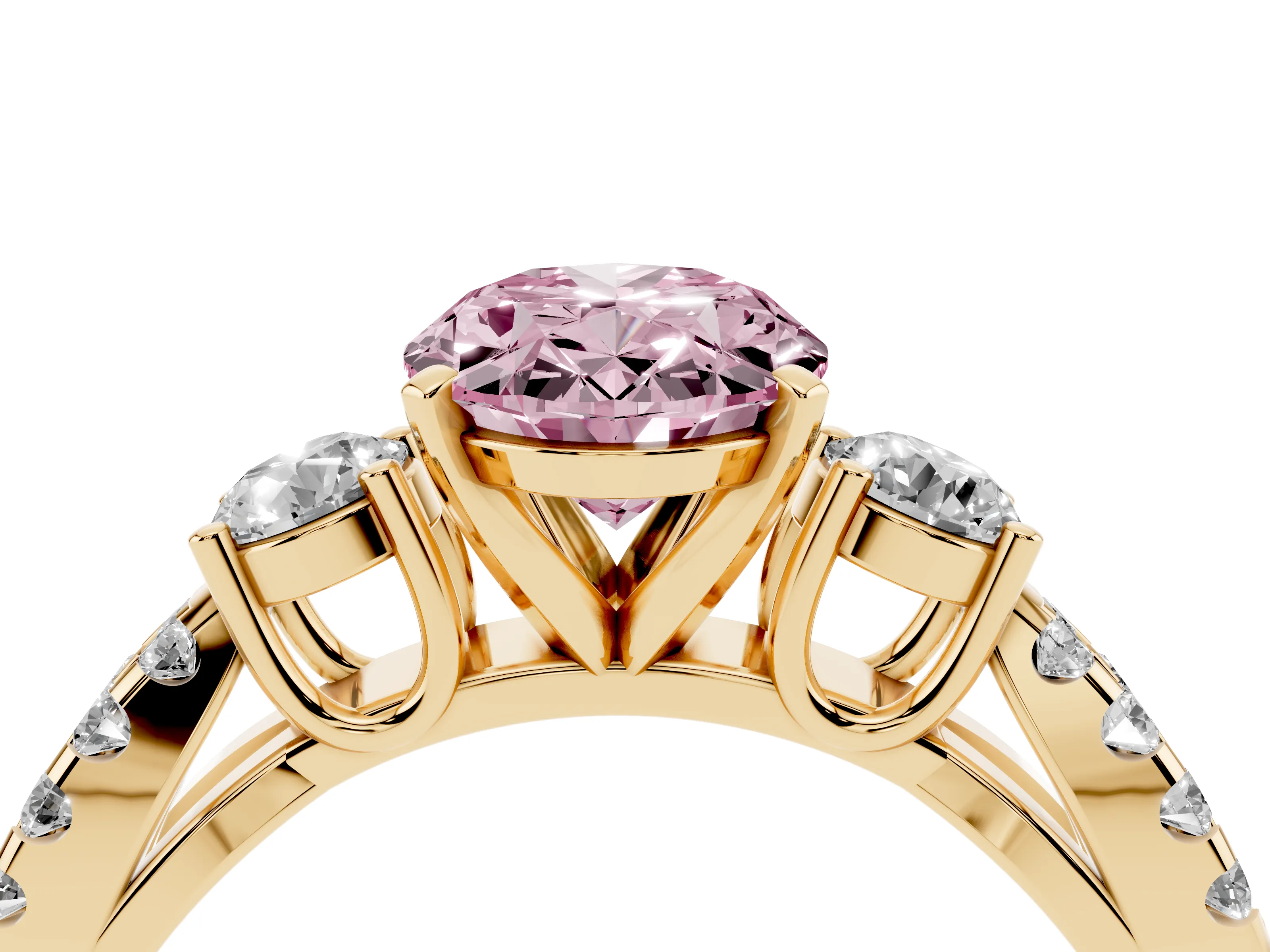 Fancy Pink Oval Cut Diamond Three-Stone Ring Set in Yellow gold with Pavé Split Shank and Prong Setting