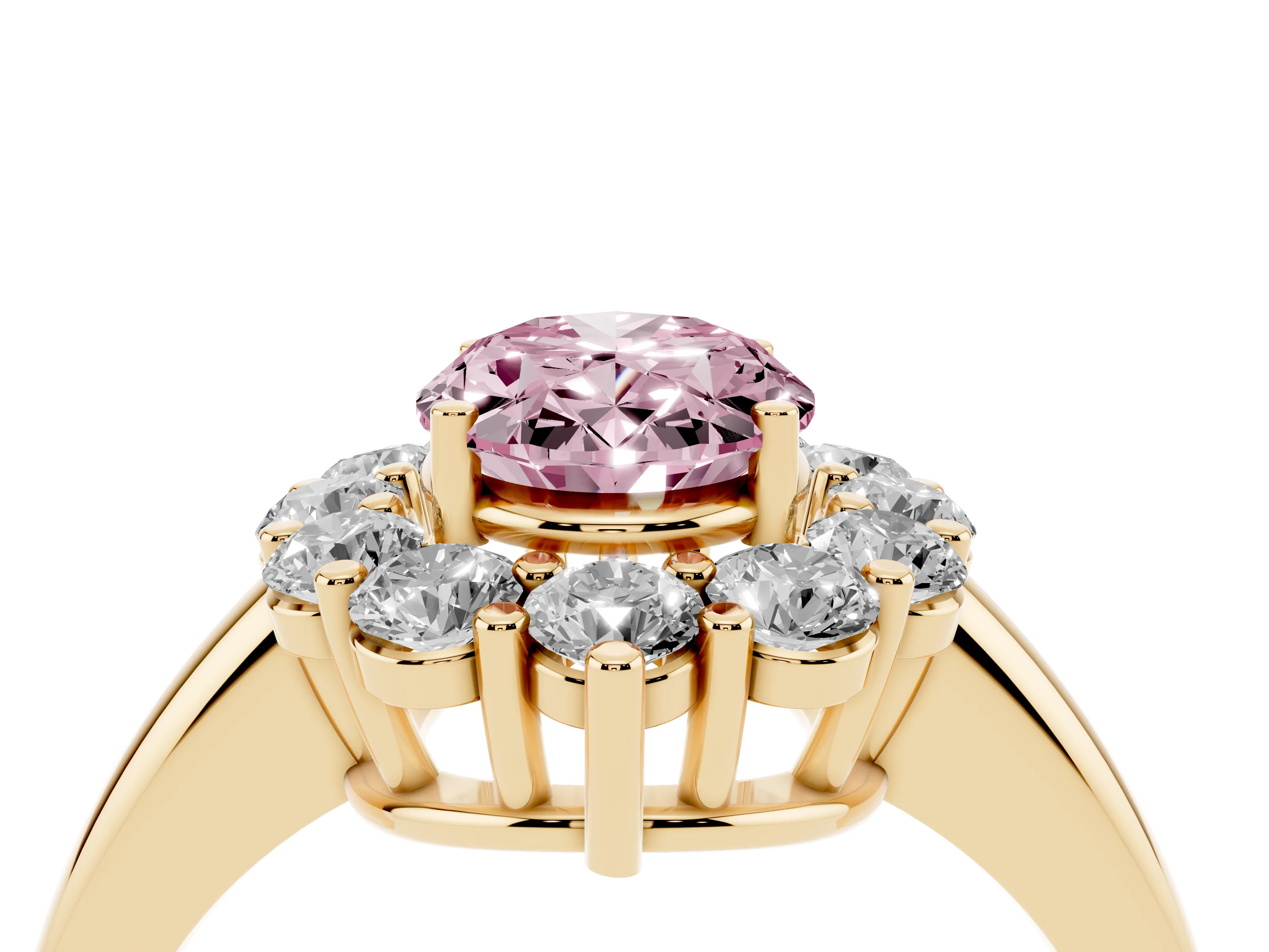 Fancy Pink Oval Cut Diamond Halo Cluster Engagement Ring Set in Yellow gold with Polished Band and Prong Setting
