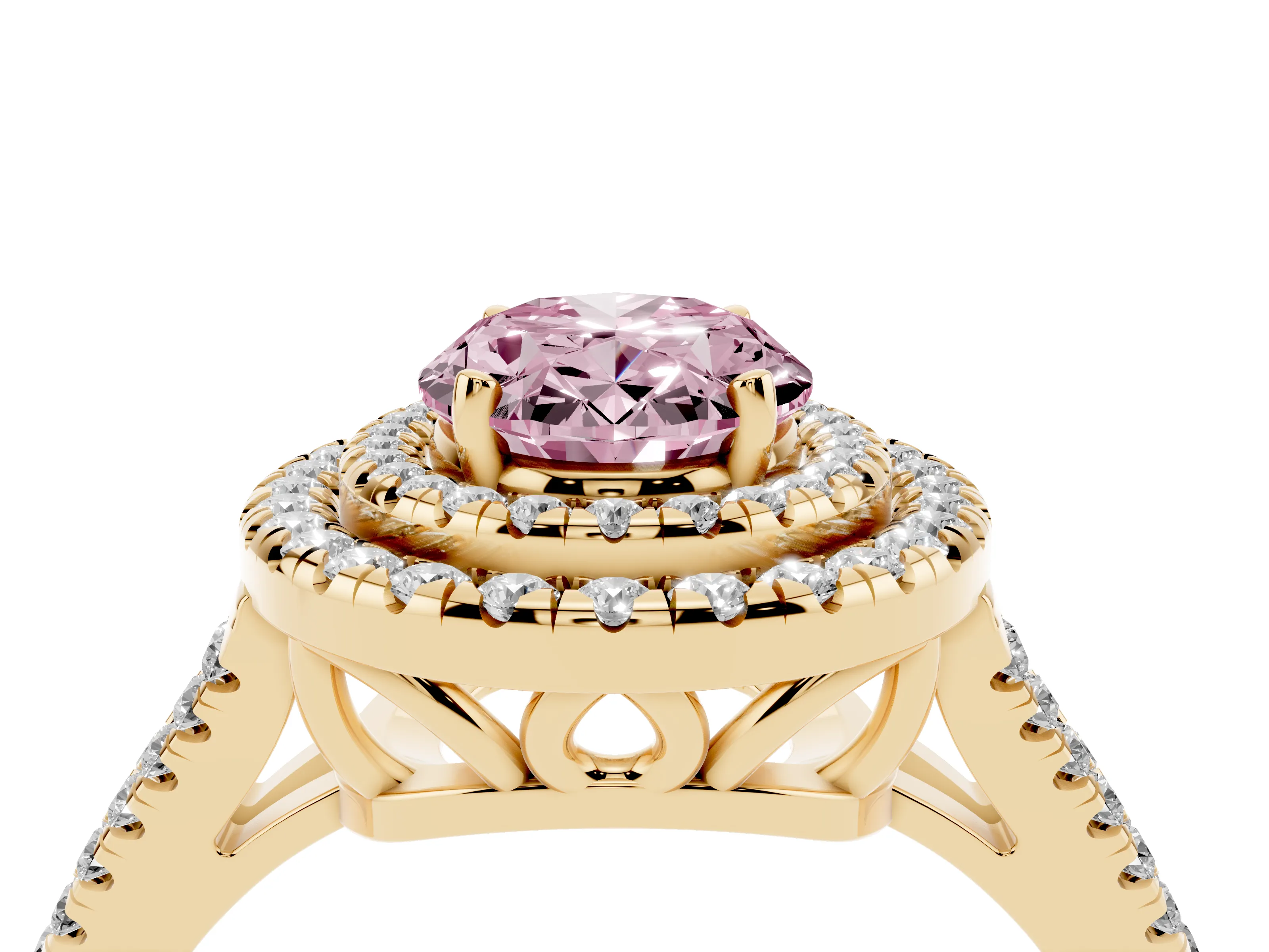 Fancy Pink Oval Cut Diamond Double Halo Ring Set in Yellow gold with Pavé Band