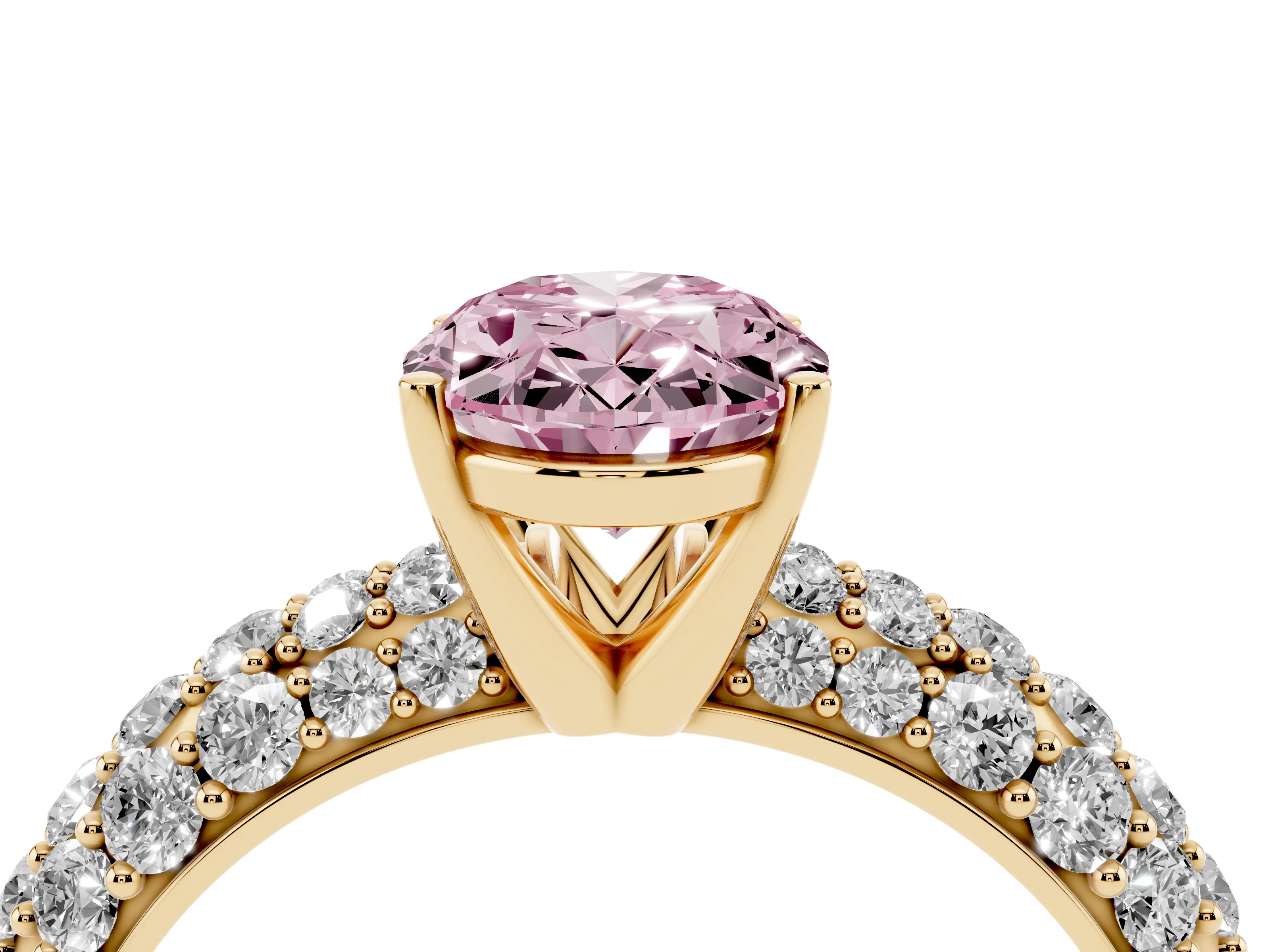 Fancy Pink Oval Cut Diamond Pavé Band Solitaire Ring Set in Yellow gold with Close-Set Accent Stones and Prong Setting