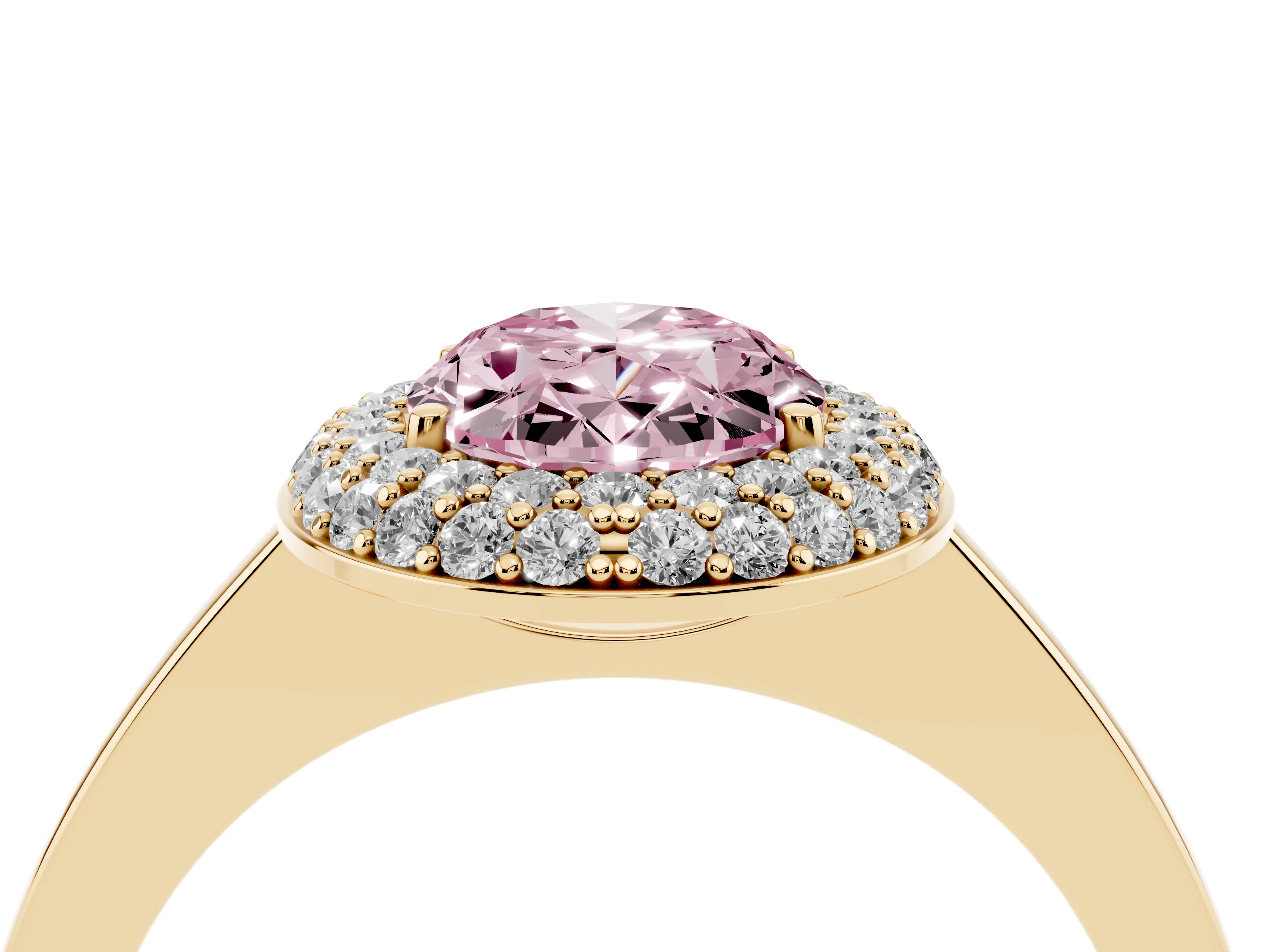 Fancy Pink Oval Cut Diamond Halo Engagement Ring Set in Yellow gold with Solitaire Band and Prong Setting