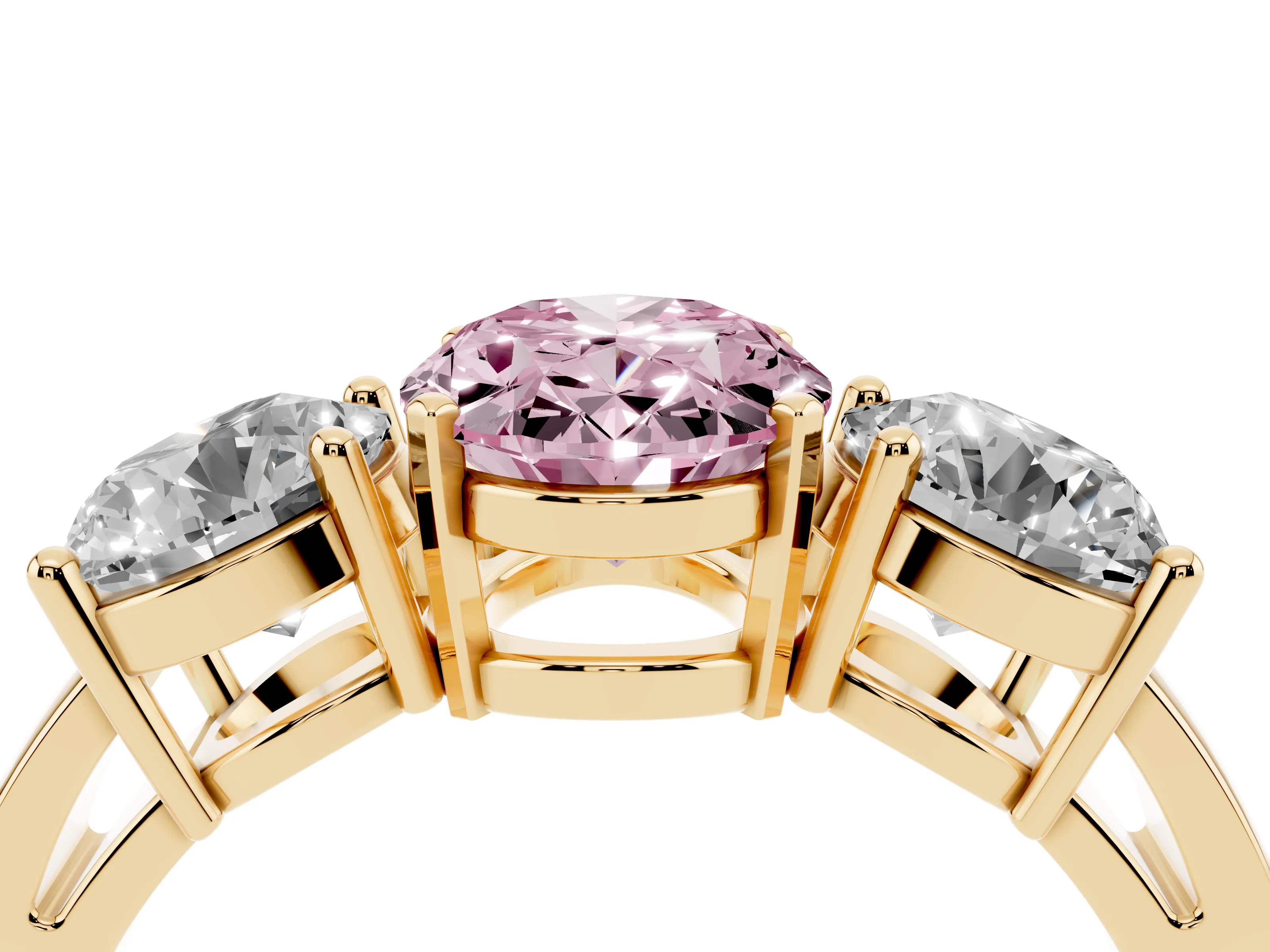 Fancy Pink Oval Cut Diamond Three-Stone Ring Set in Yellow gold with Round Side Stones and Classic Band