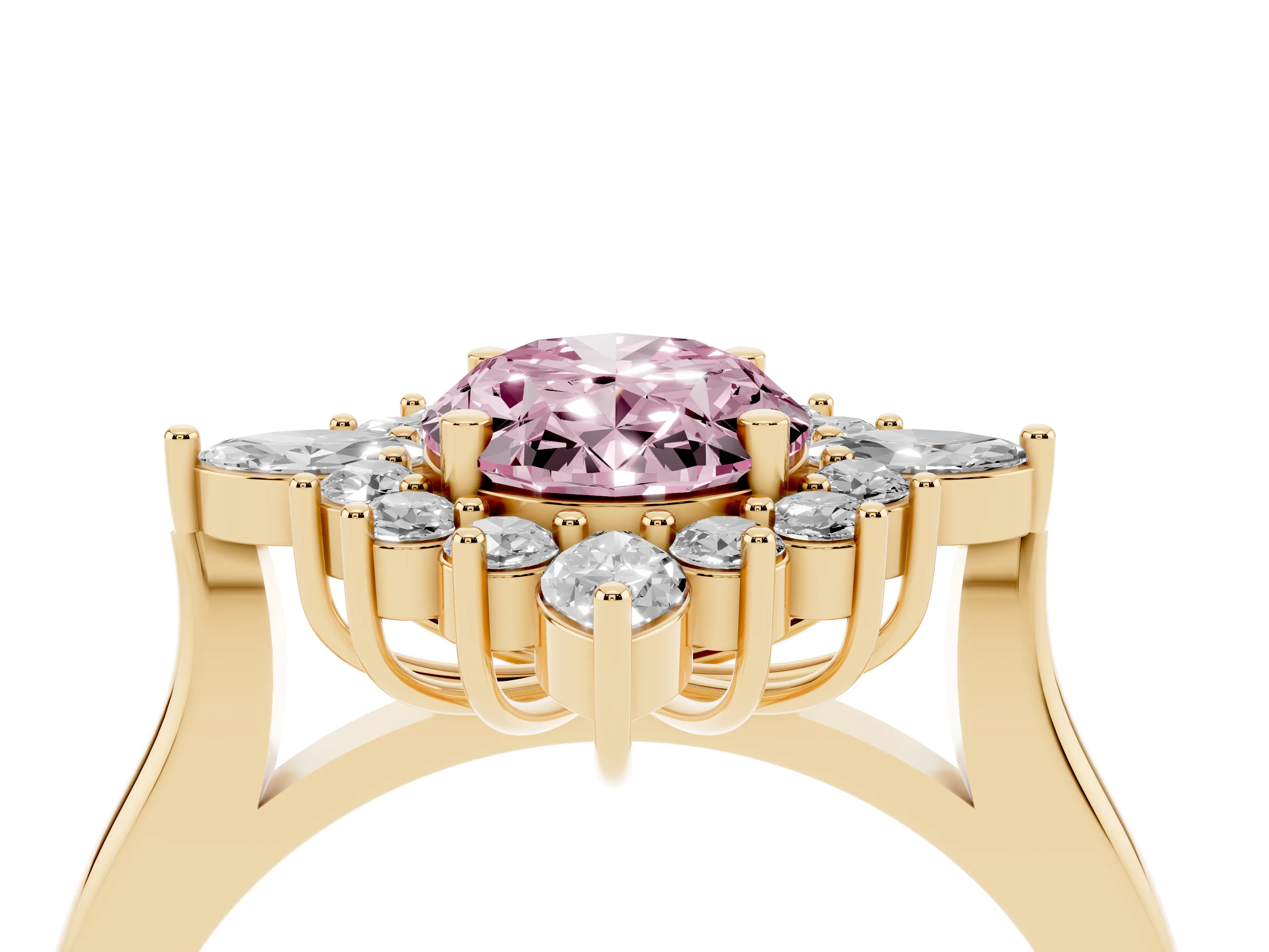 Fancy Pink Oval Cut Diamond Cluster Halo Ring Set in Yellow gold with Marquise and Round Accents