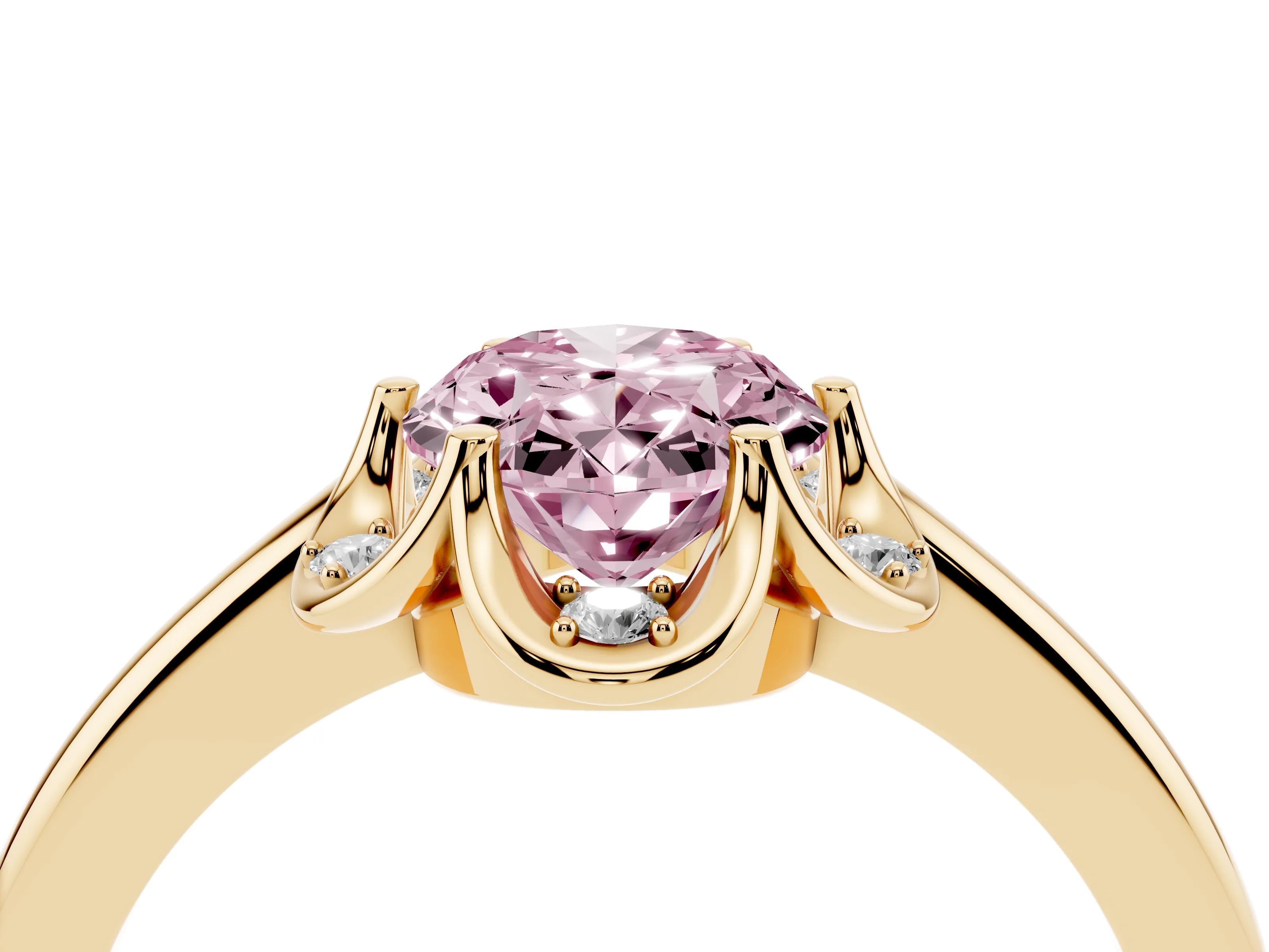 Fancy Pink Oval Cut Diamond Round Cluster Halo Ring Set in Yellow gold with Solitaire Band and Prong Setting
