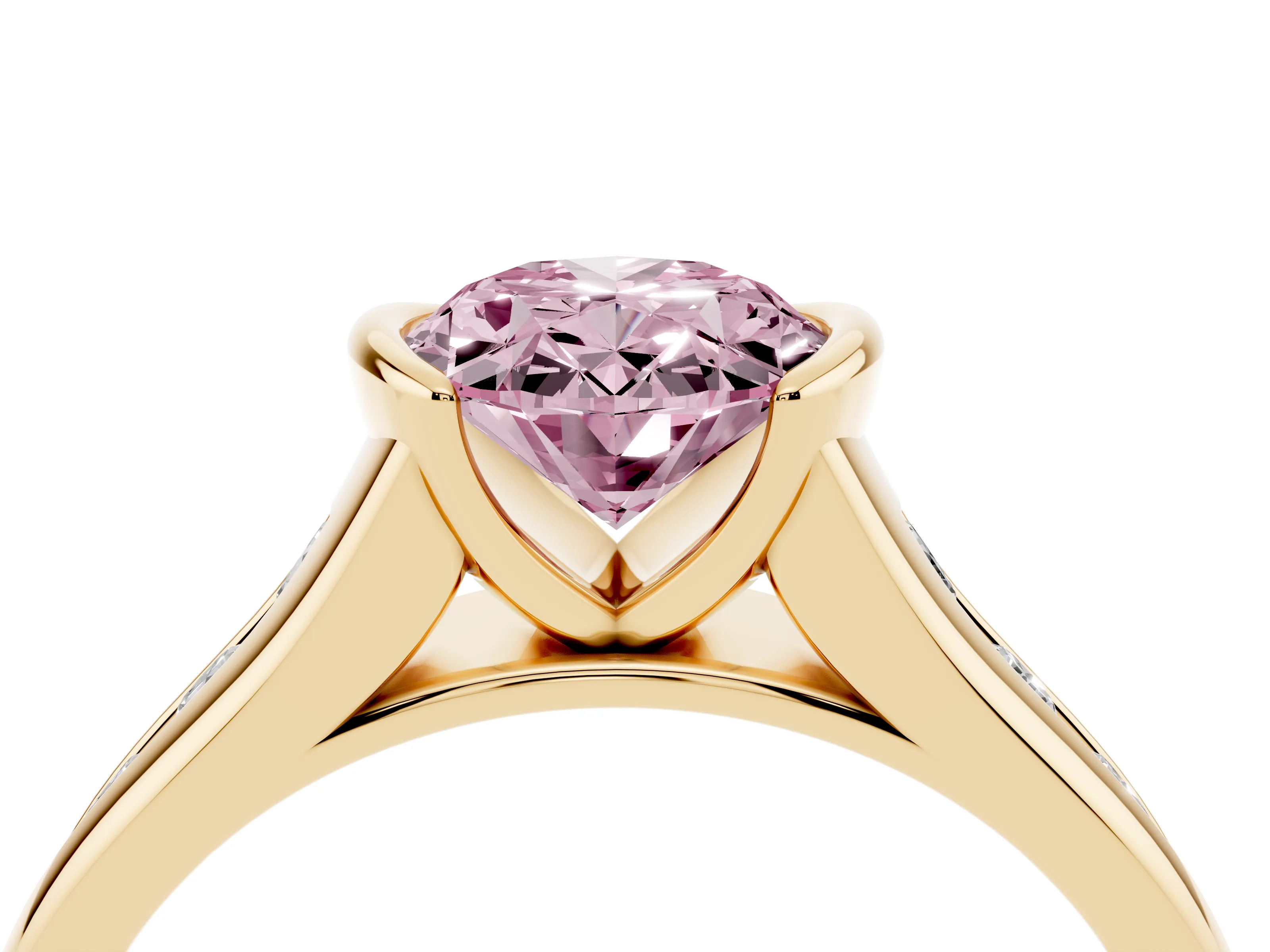 Fancy Pink Oval Cut Diamond Bezel-Set Solitaire Ring Set in Yellow gold with Channel-Set Band
