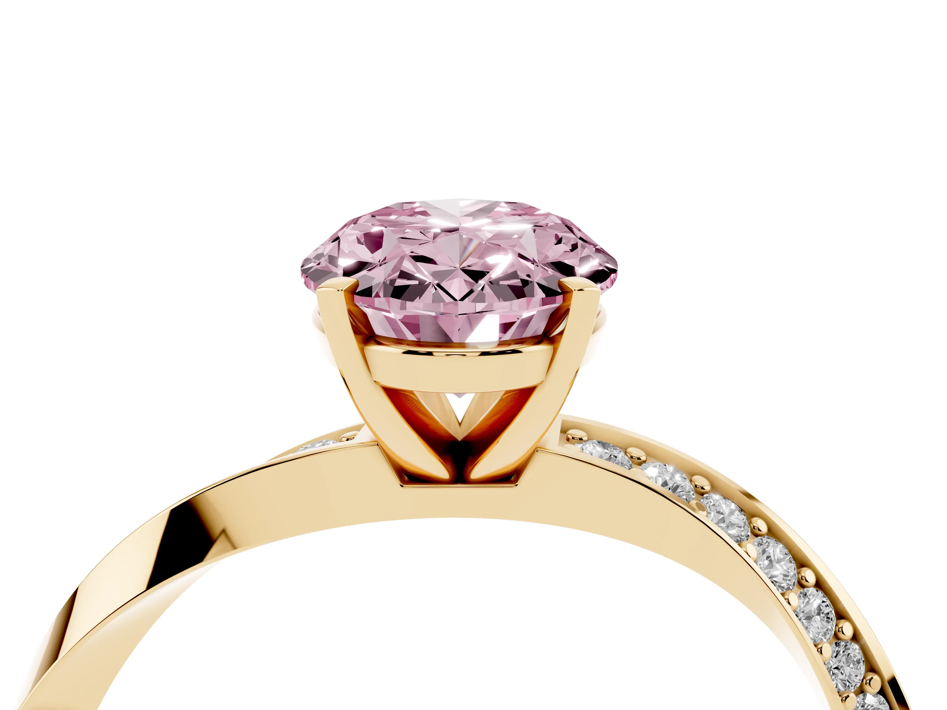 Fancy Pink Oval Cut Diamond Engagement Ring Set in Yellow gold with Side Stone Accents and Prong Setting