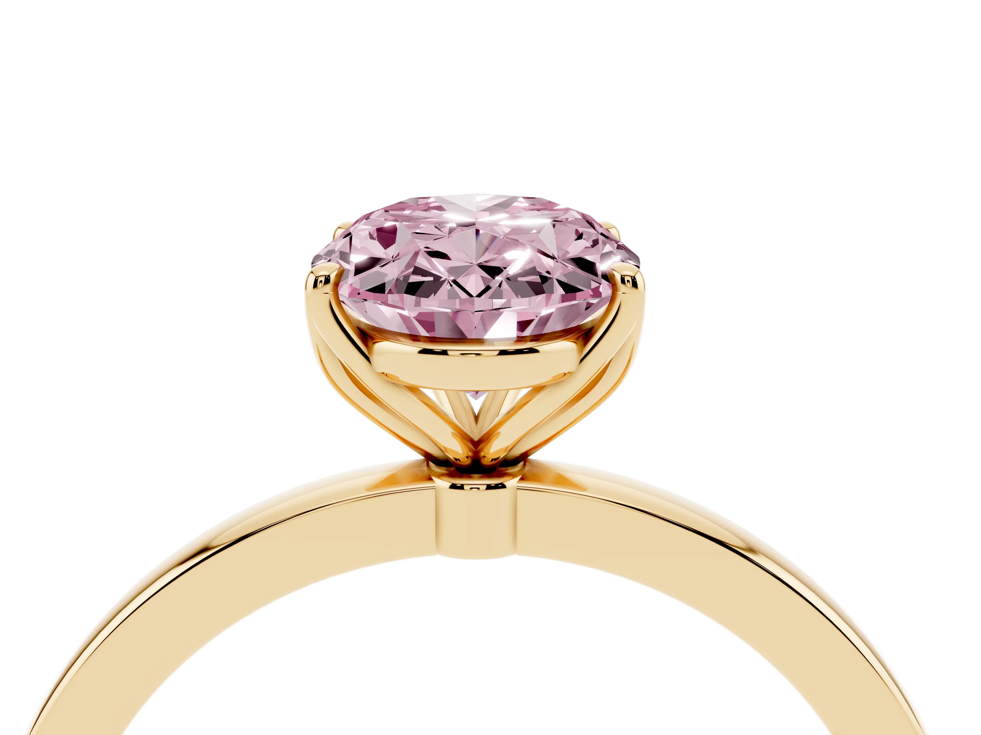 Fancy Pink Oval Cut Diamond Solitaire Ring Set in Yellow gold with Prong Setting and Thin Polished Band