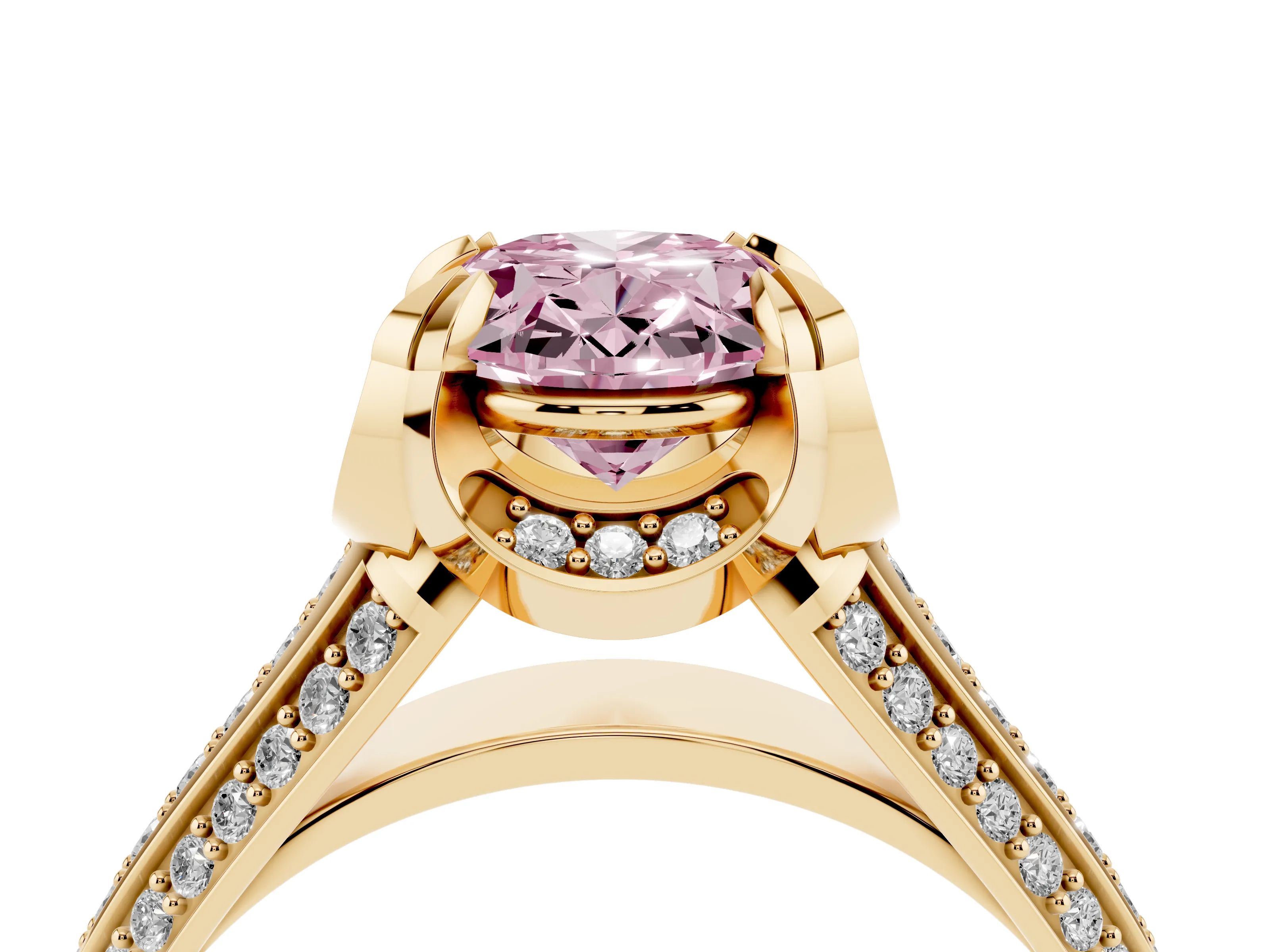 Fancy Pink Oval Cut Diamond Pavé Split Shank Solitaire Ring Set in Yellow gold with Prong Setting
