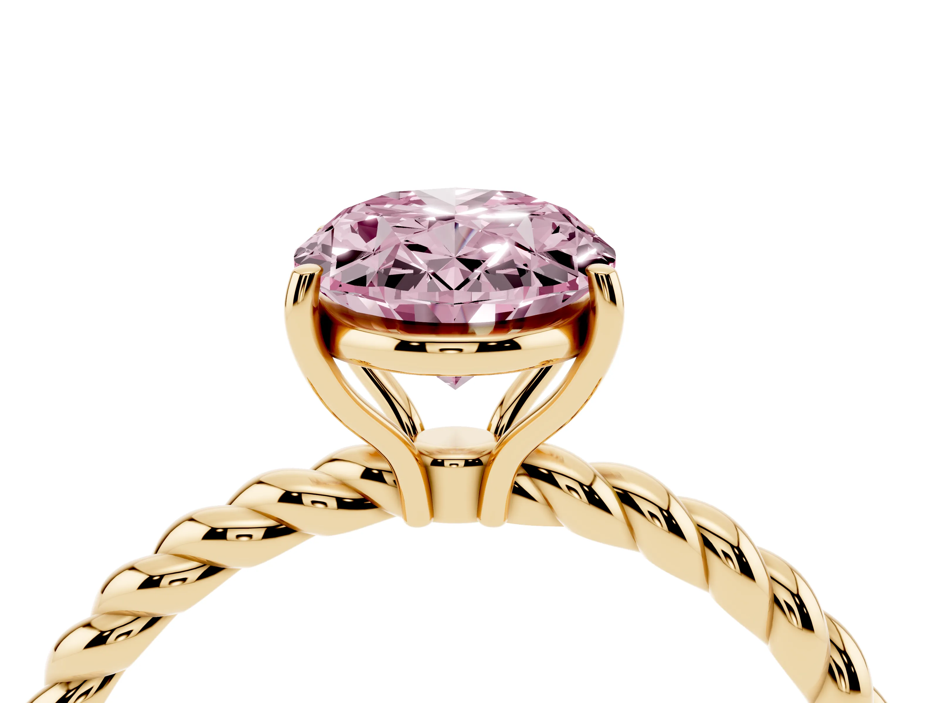 Fancy Pink Oval Cut Diamond Solitaire Ring Set in Yellow gold with Twist Band and Prong Setting
