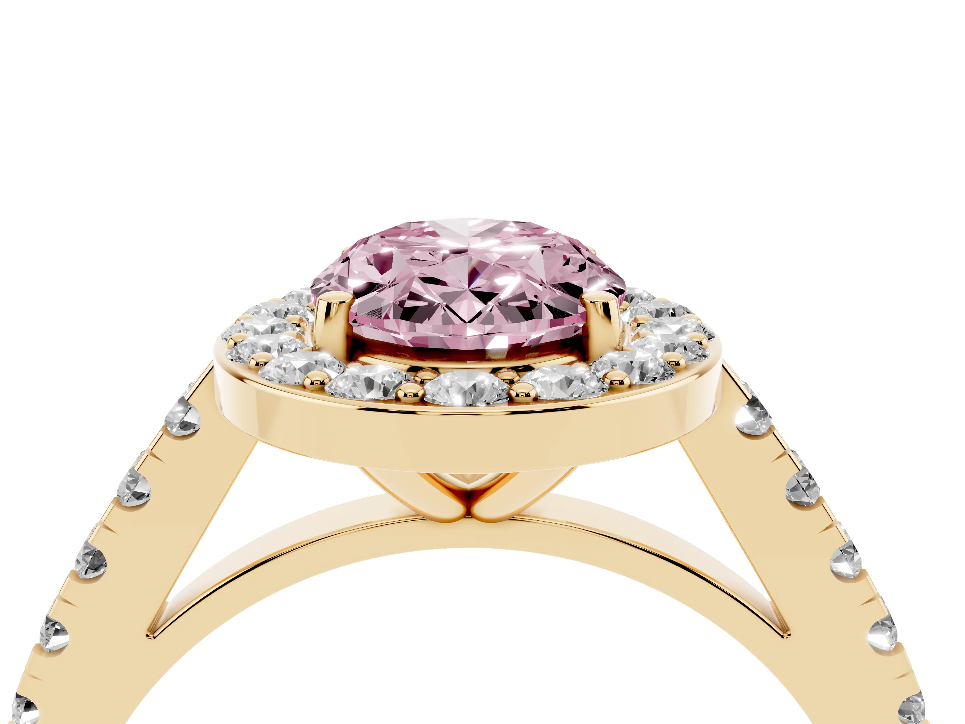 Fancy Pink Oval Cut Diamond Halo Ring Set in Yellow gold with Round Pavé Split Shank and Prong Setting