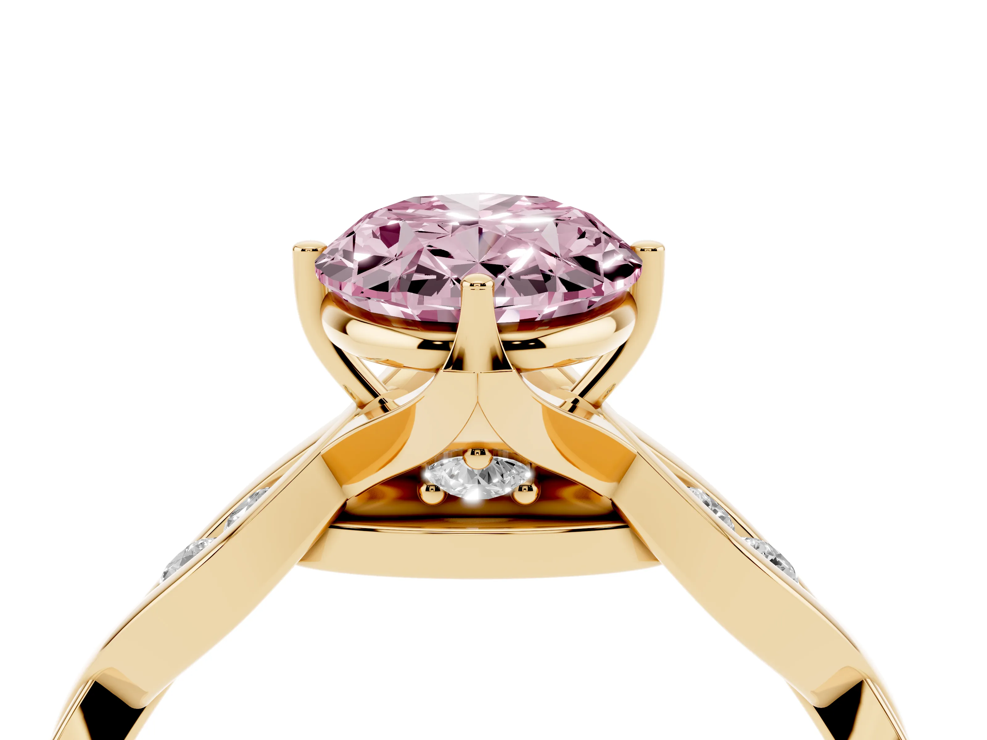 Fancy Pink Oval Cut Diamond Twist Band Solitaire Ring Set in Yellow gold with Leaf Prong Setting and Accent Stones