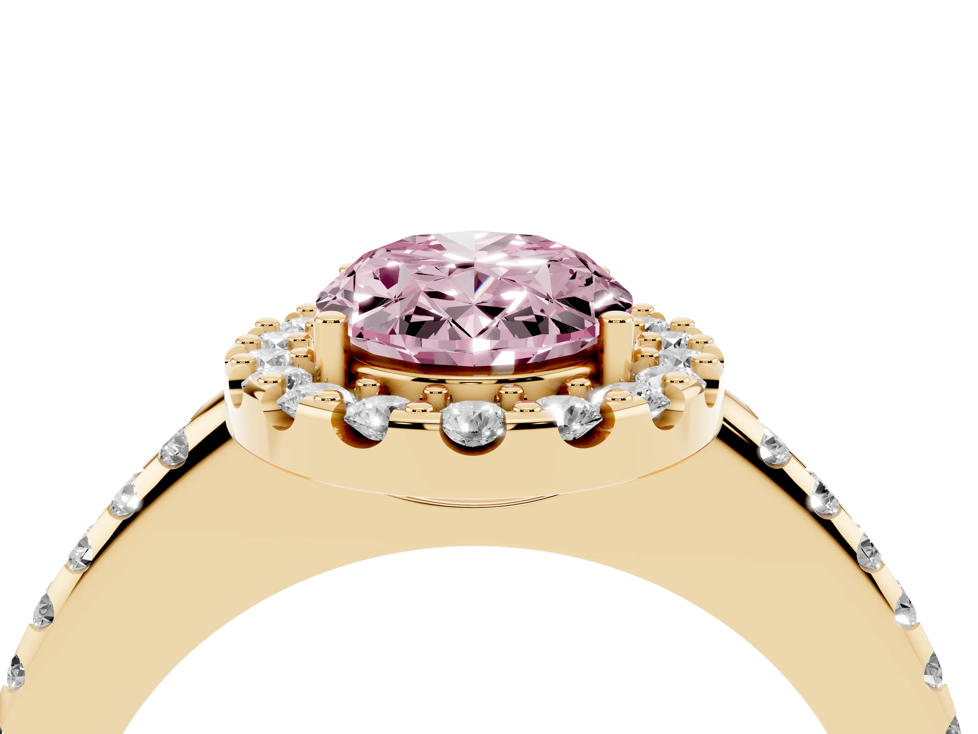 Fancy Pink Oval Cut Diamond Pavé Halo Ring Set in Yellow gold with Prong Setting
