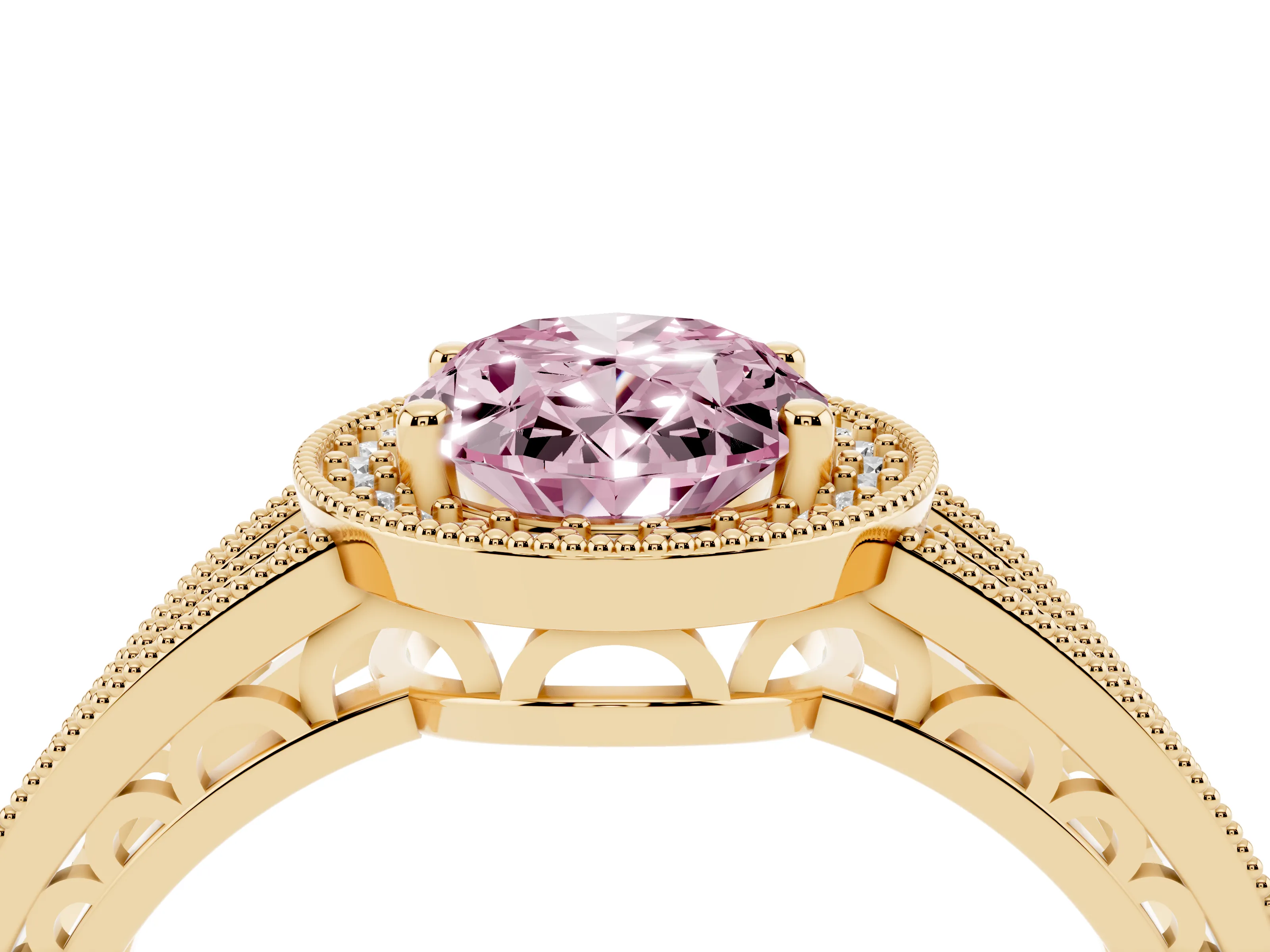 Fancy Pink Oval Cut Diamond Halo Ring Set in Yellow gold with Accent Split Shank and Prong Setting