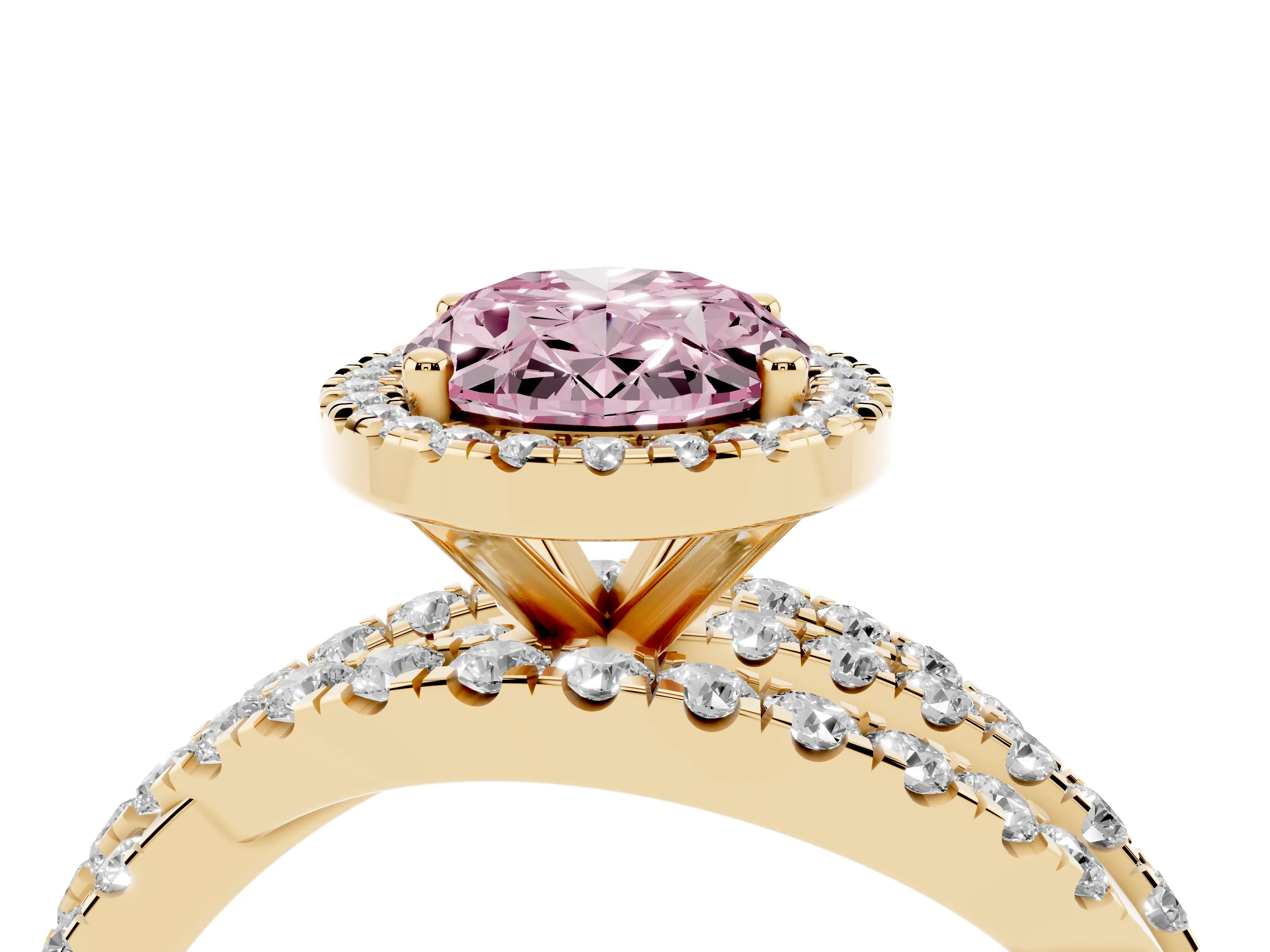 Fancy Pink Oval Cut Diamond Halo Ring Set in Yellow gold with Round Crossover Split Shank and Prong Setting