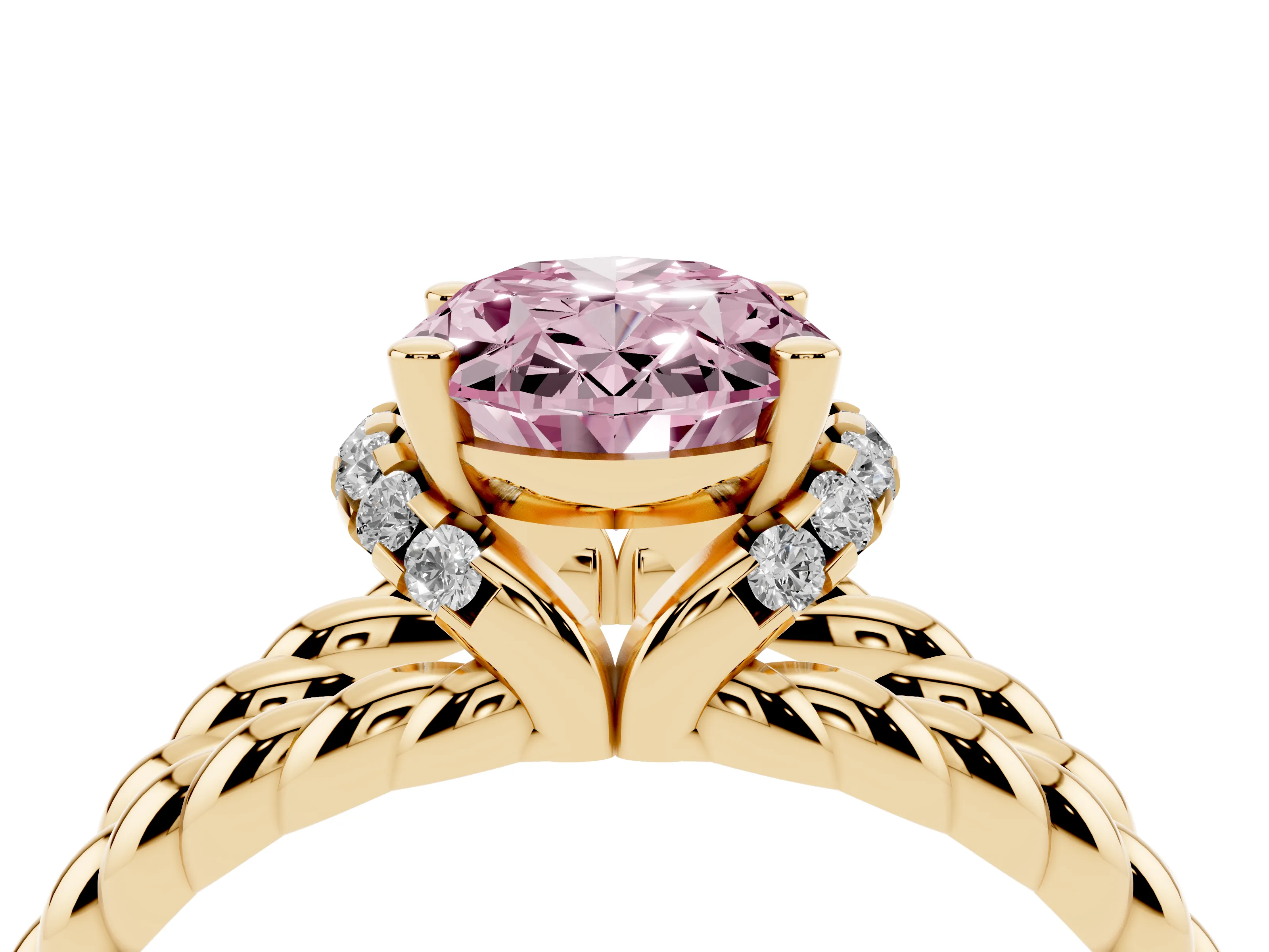 Fancy Pink Oval Cut Diamond Halo Ring Set in Yellow gold with Twisted Band and Prong Setting
