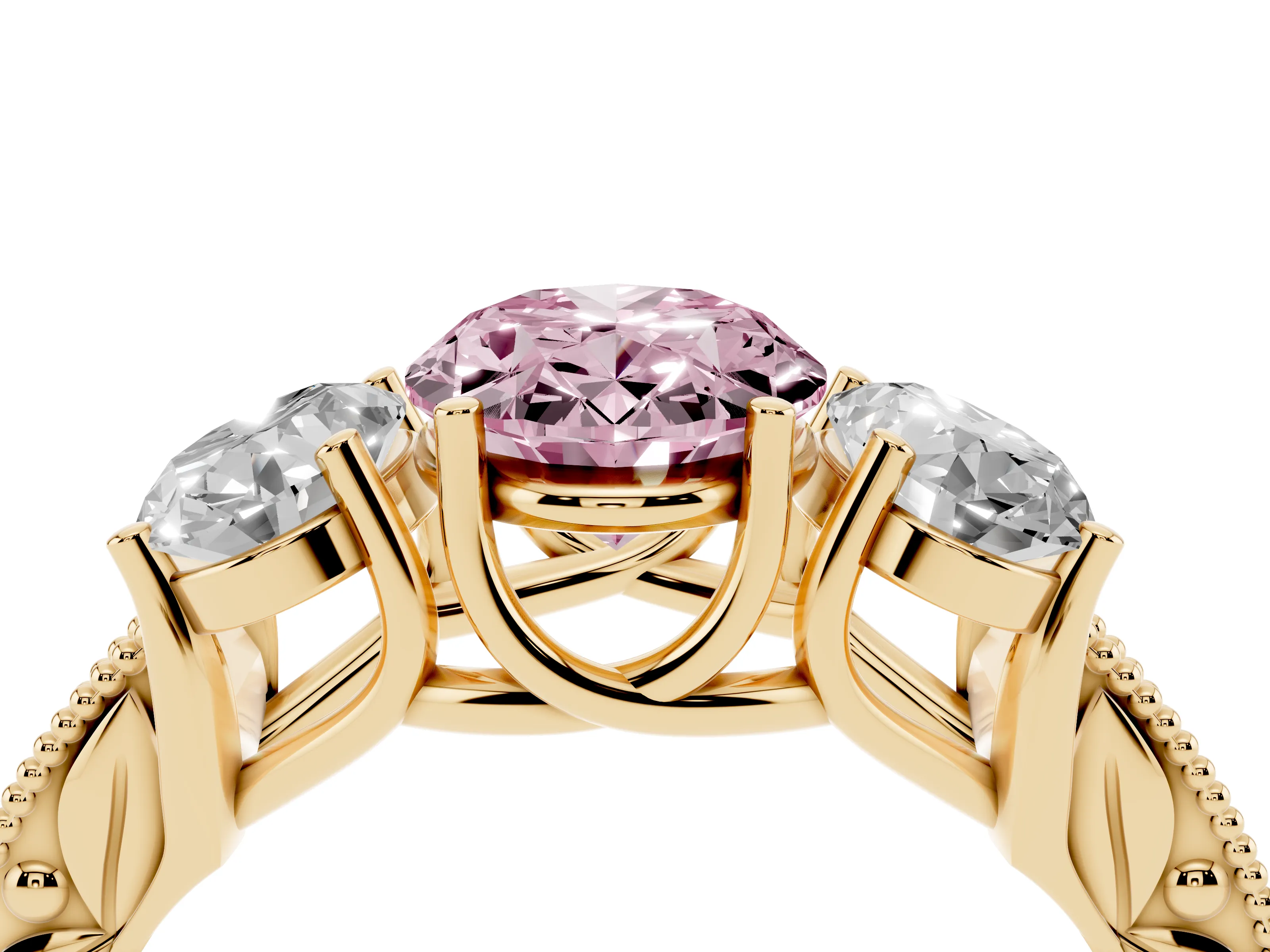 Fancy Pink Oval Cut Diamond Three-Stone Engagement Ring Set in Yellow gold with Milgrain Pavé Band