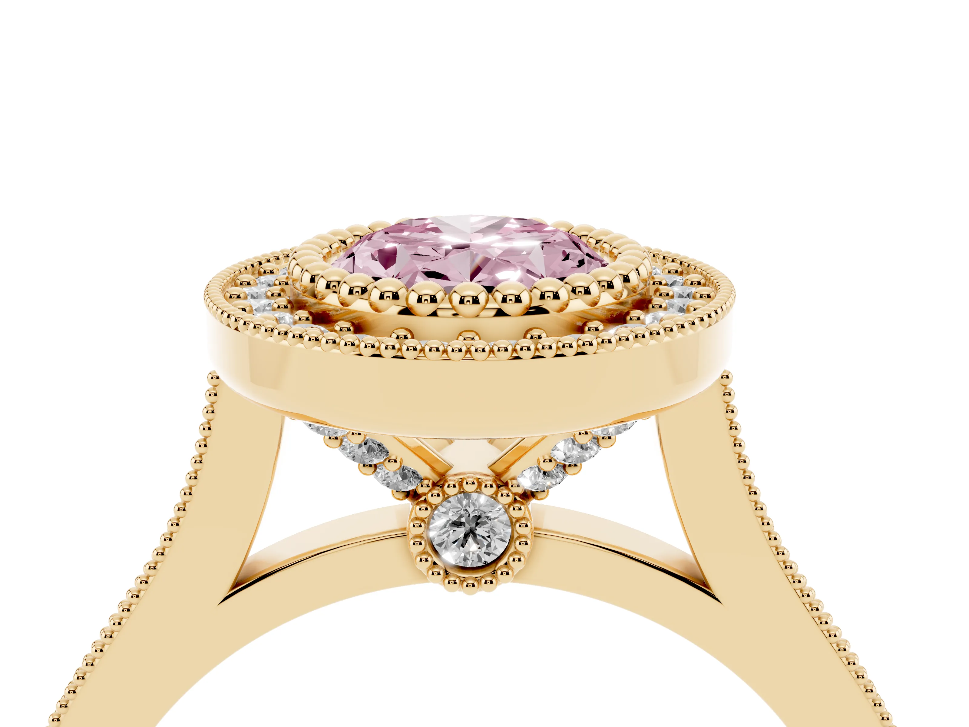 Fancy Pink Oval Cut Diamond Halo Ring Set in Yellow gold with Milgrain Frame and Pavé Band
