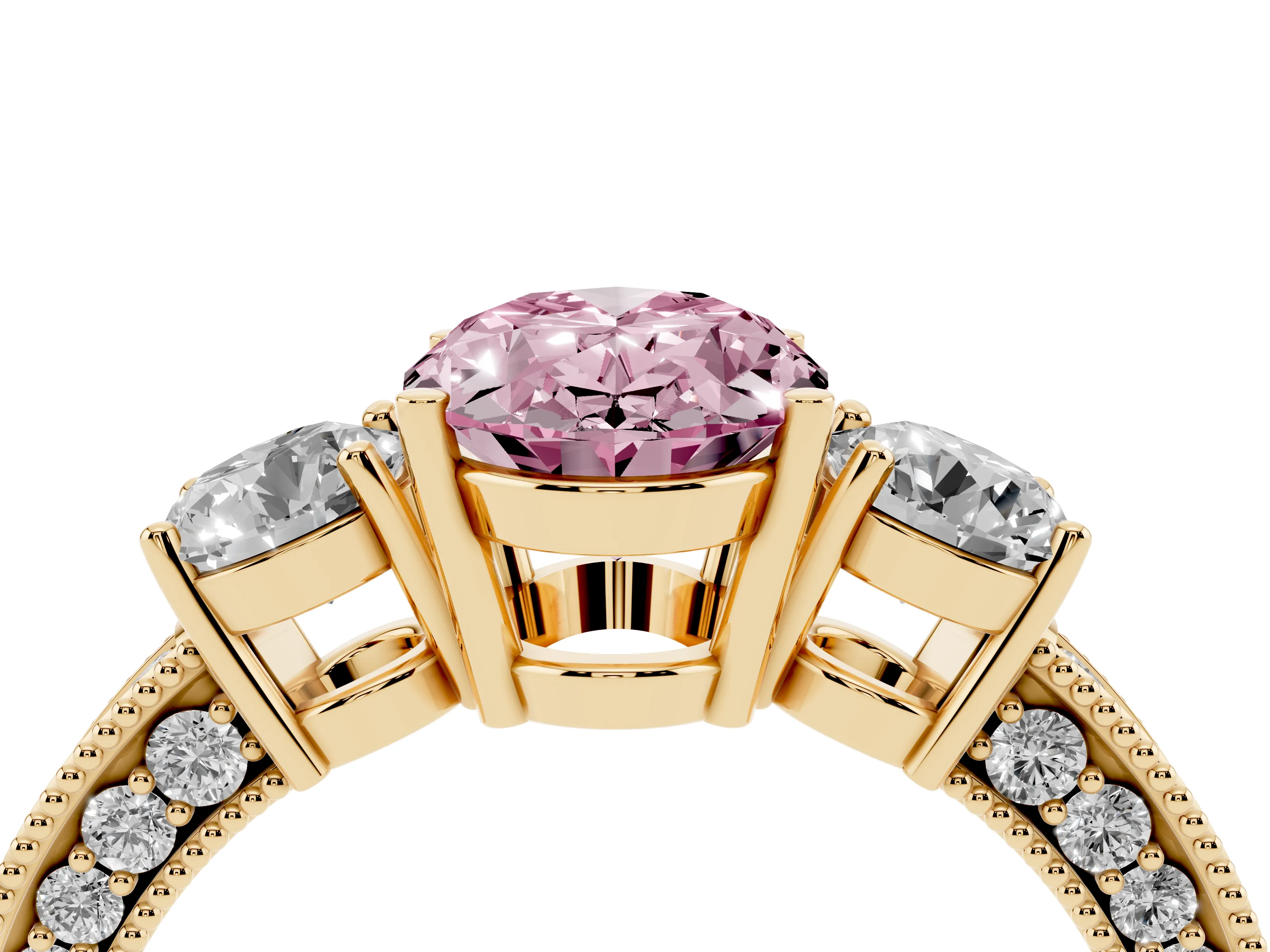 Fancy Pink Oval Cut Diamond Three-Stone Ring Set in Yellow gold with Round Side Stones and Pavé Band