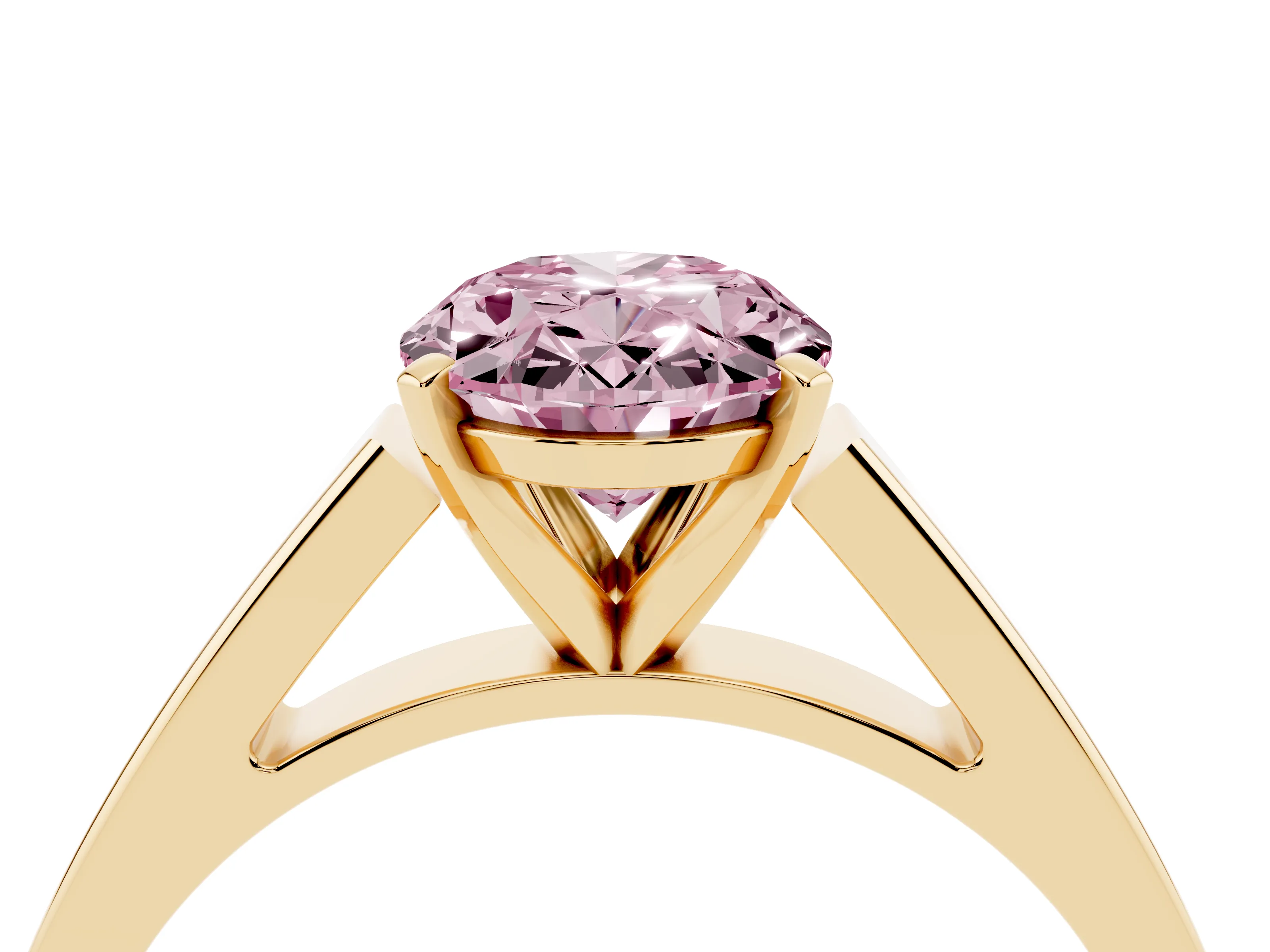 Fancy Pink Oval Cut Diamond Solitaire Engagement Ring Set in Yellow gold with Prong Setting and Tapered Band