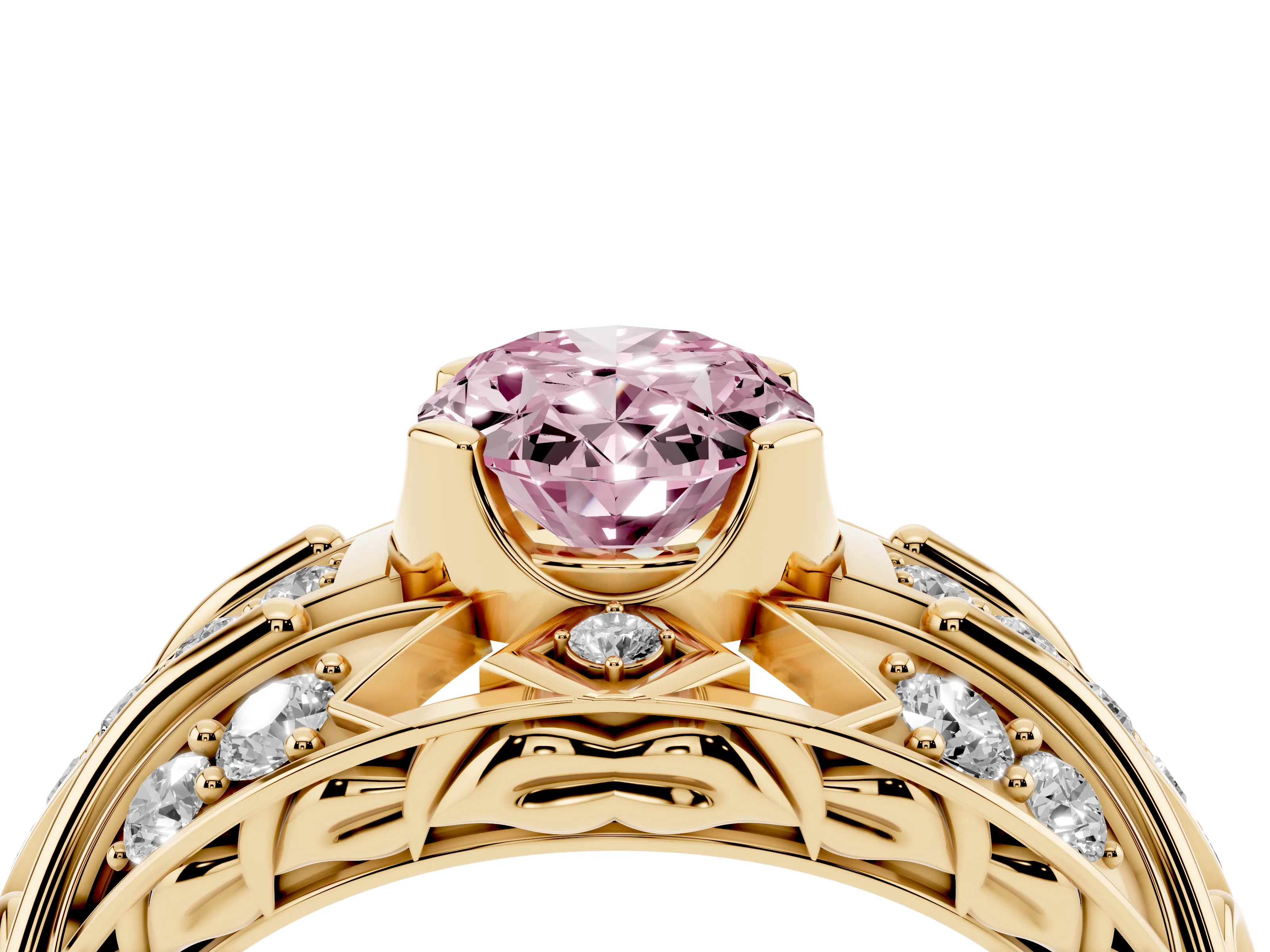 Fancy Pink Oval Cut Diamond Art Deco Ring Set in Yellow gold with Pavé Split Shank