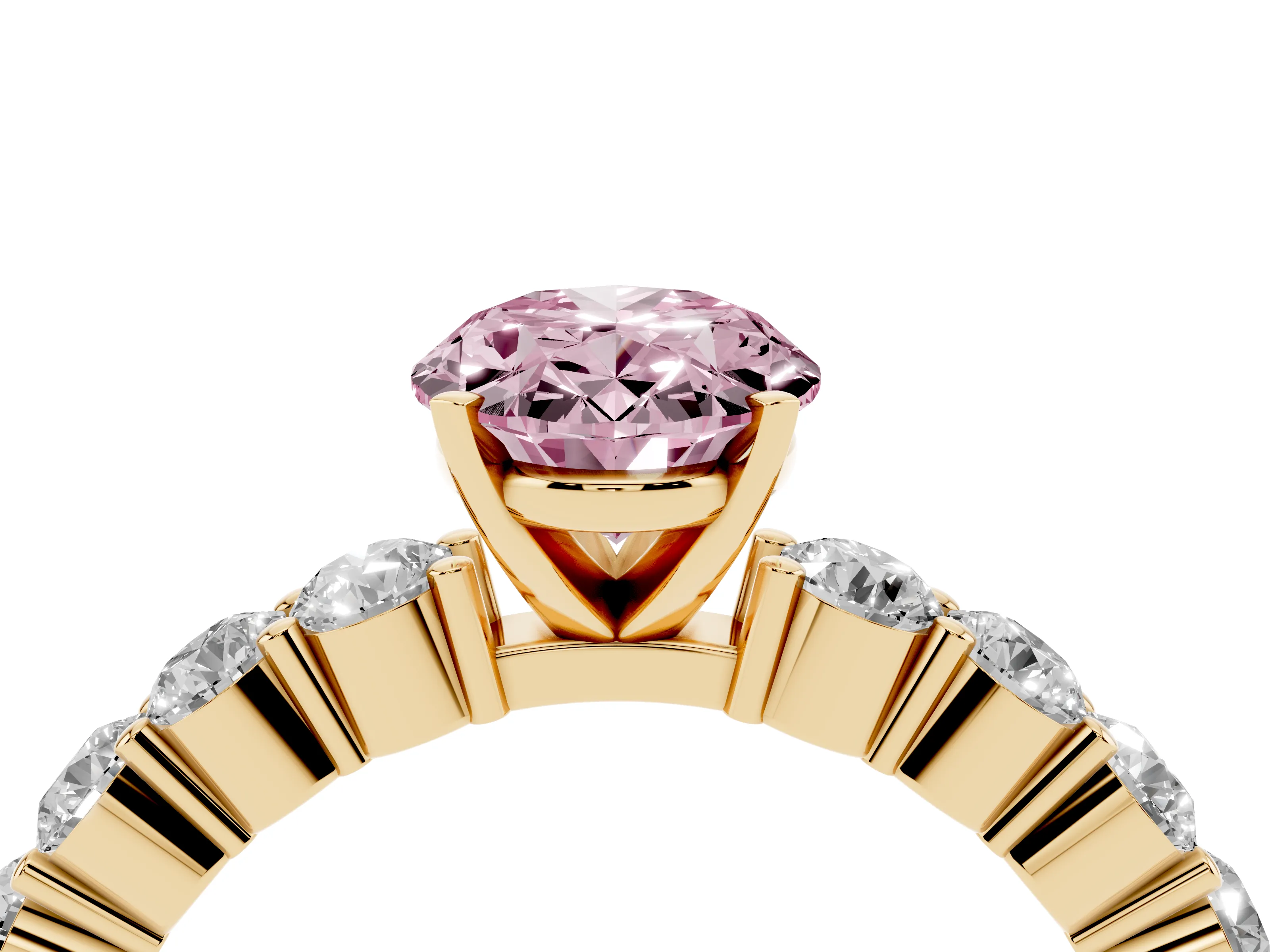 Fancy Pink Oval Cut Diamond Solitaire Ring Set in Yellow gold with Shared Prong Round Side Stones