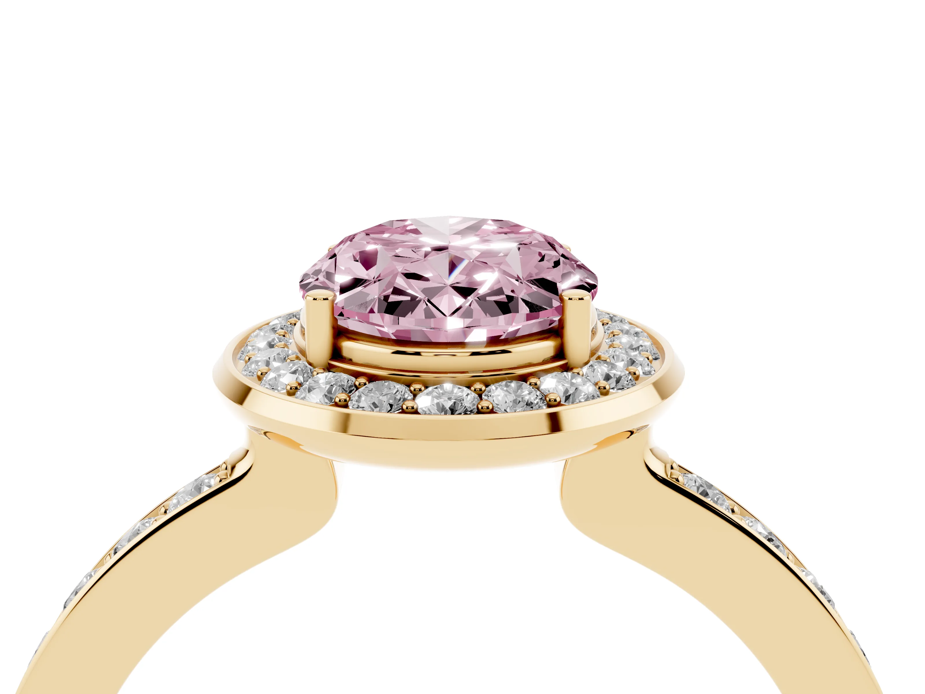Fancy Pink Oval Cut Diamond Halo Ring Set in Yellow gold with Bezel Frame and Pavé Band