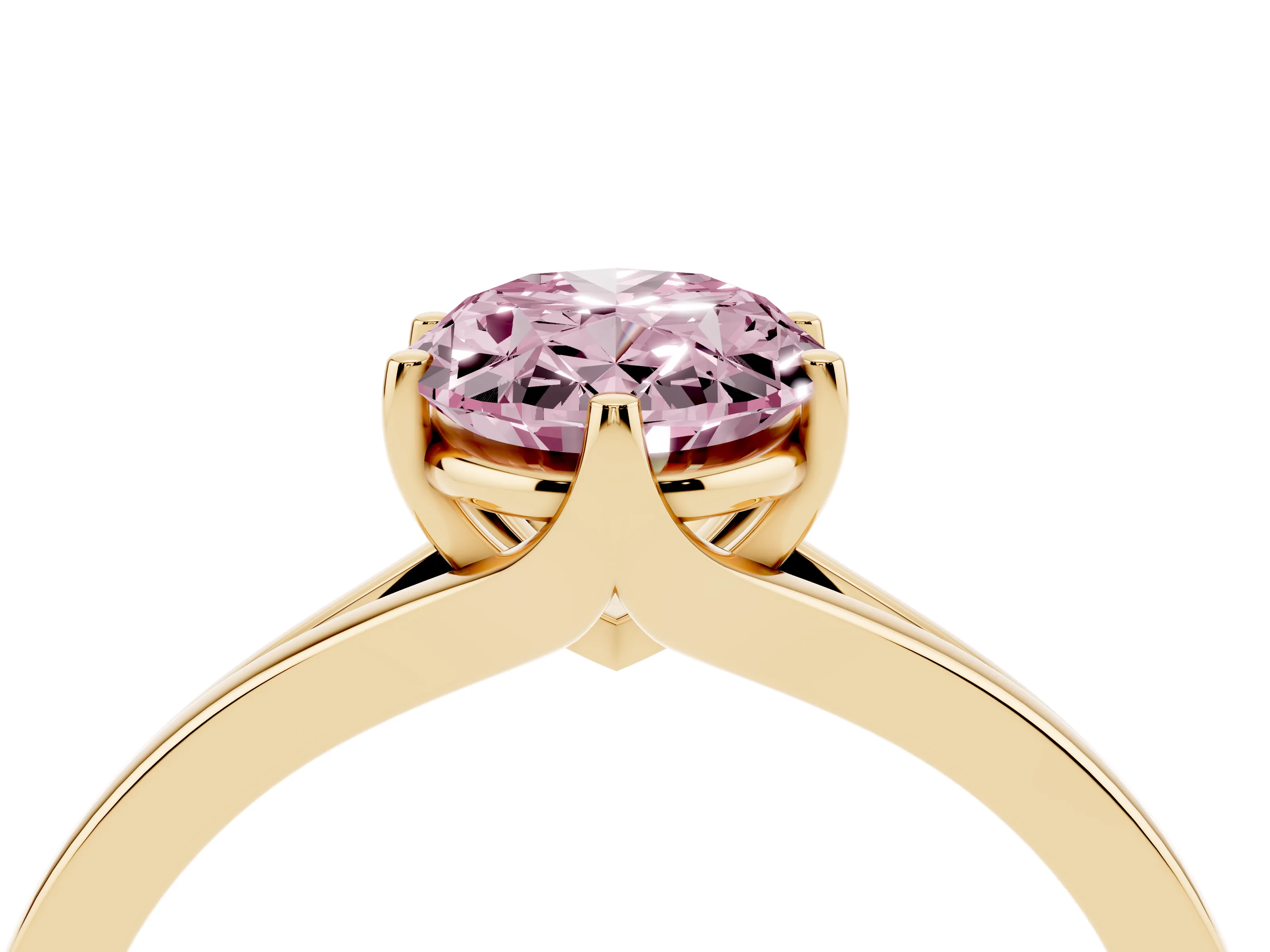 Fancy Pink Oval Cut Diamond Solitaire Ring Set in Yellow gold with Polished Tapered Band and Prong Setting