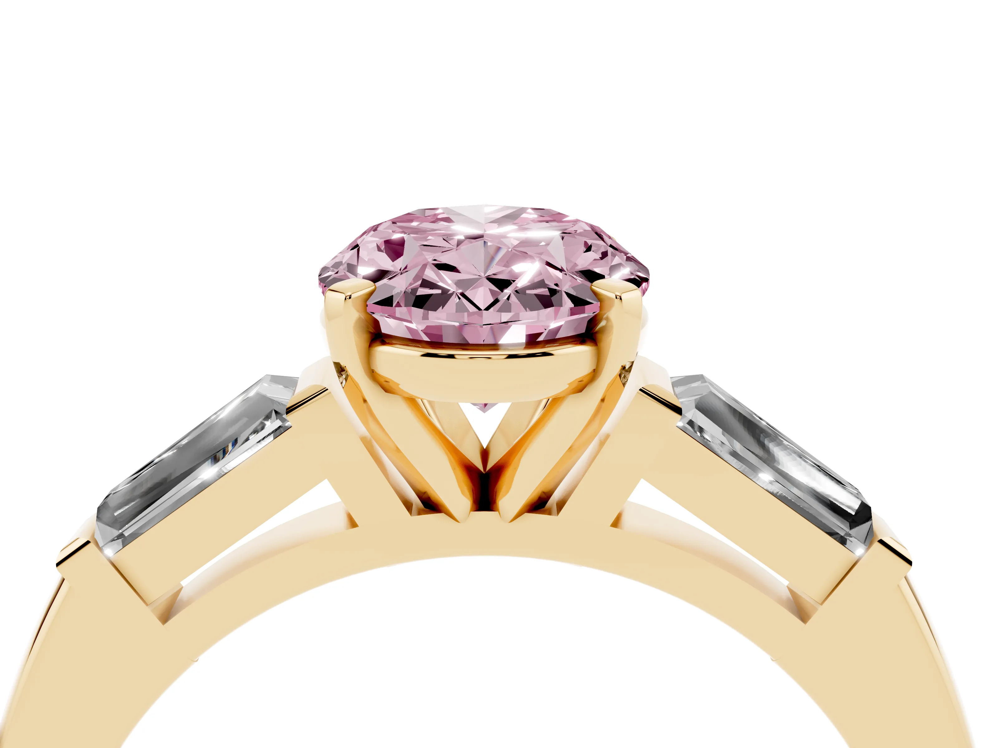 Fancy Pink Oval Cut Diamond Solitaire Ring Set in Yellow gold with Tapered Baguette Side Stones and Prong Setting