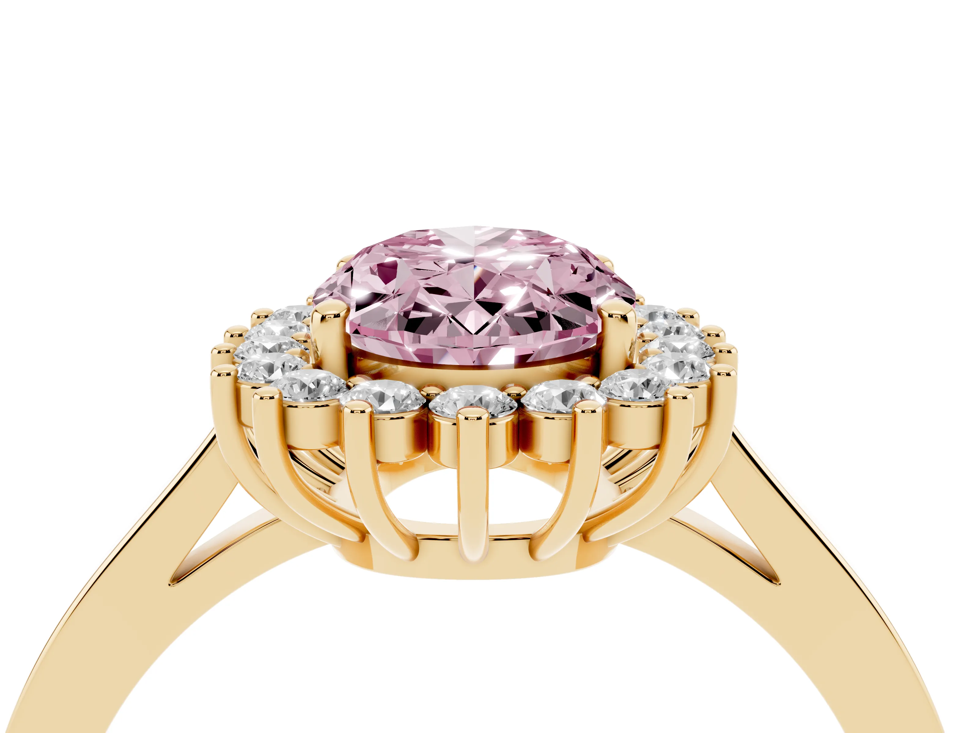 Fancy Pink Oval Cut Diamond Halo Ring Set in Yellow gold with Round Halo and Smooth Solitaire Band
