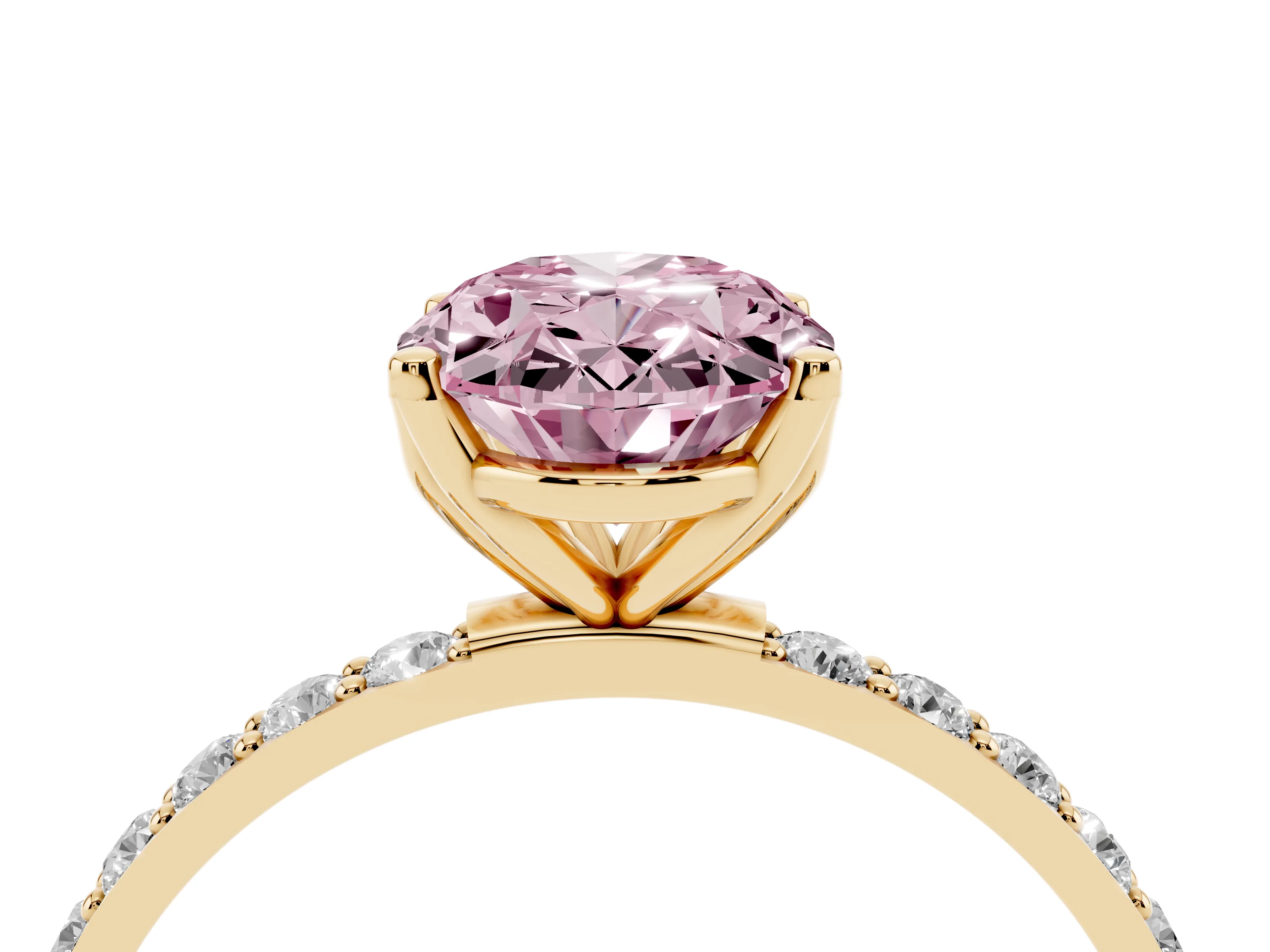 Fancy Pink Oval Cut Diamond Solitaire Engagement Ring Set in Yellow gold with Round Pavé Band and Prong Setting