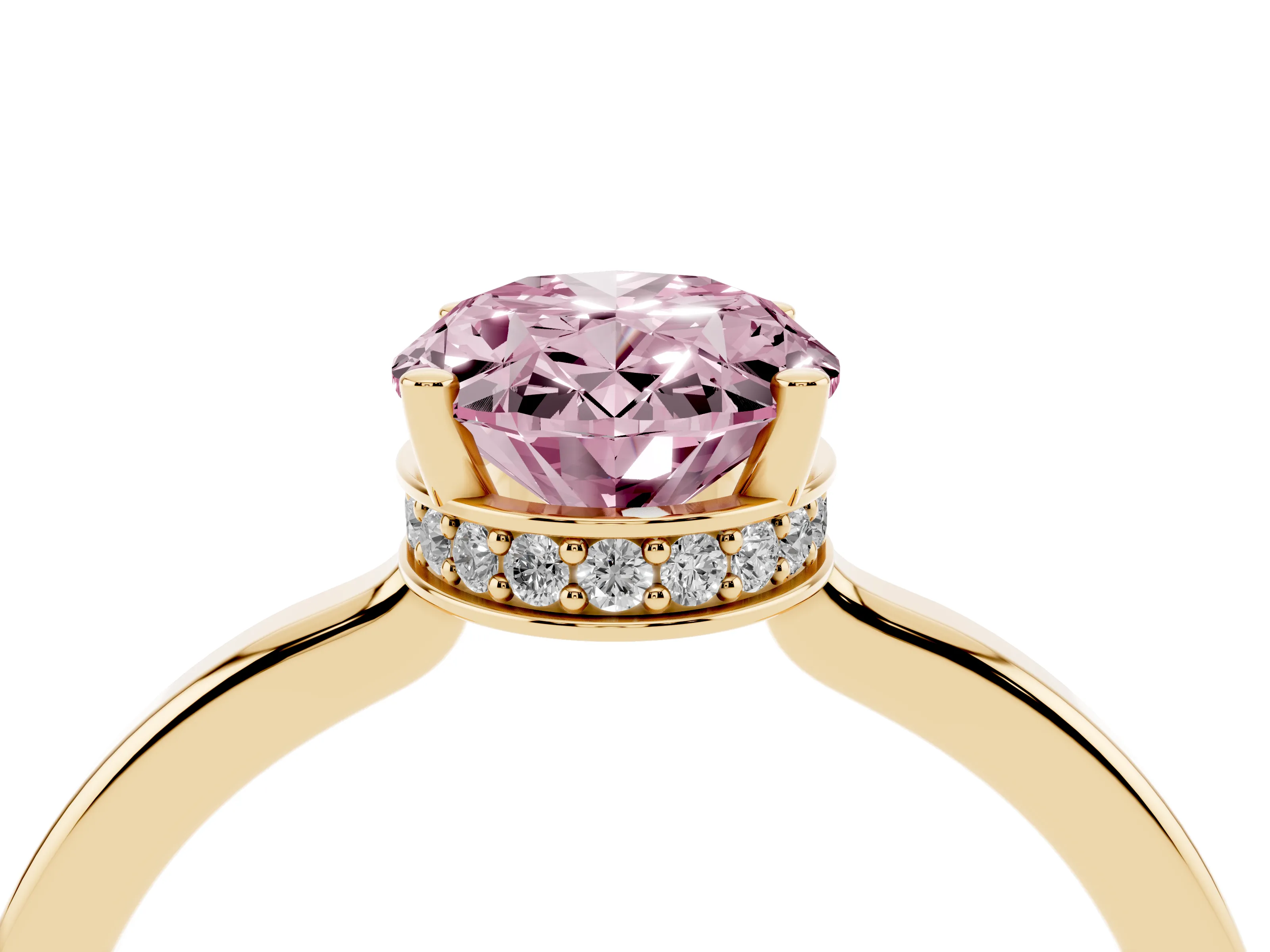 Fancy Pink Oval Cut Diamond Solitaire Engagement Ring Set in Yellow gold with Prong Setting on a Plain Band