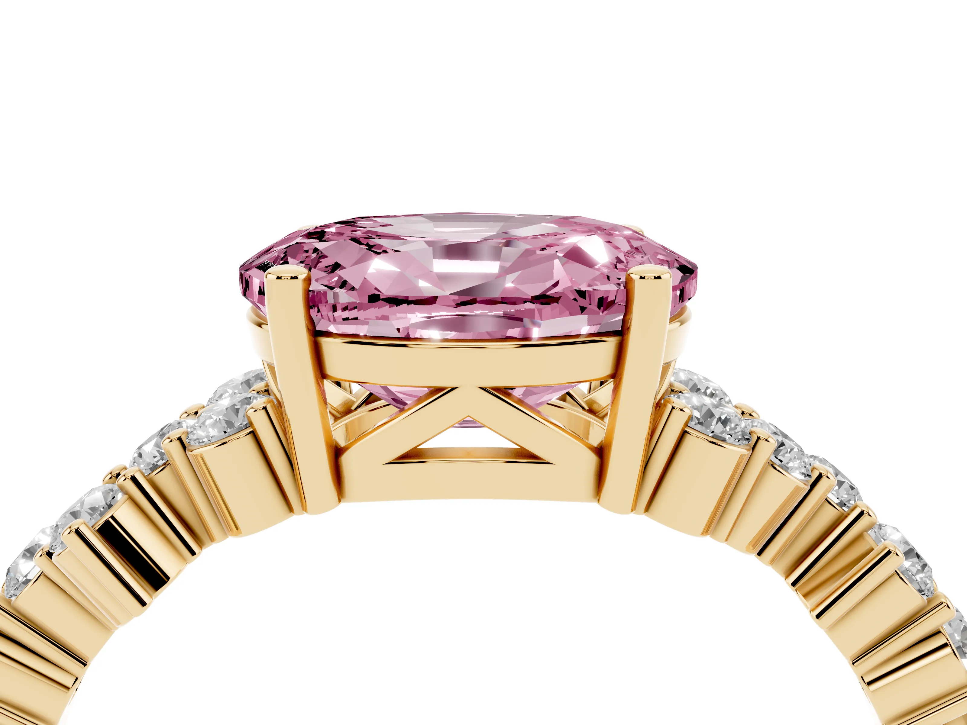 Fancy Pink Oval Cut Diamond Ring Set in Yellow gold with Scattered Round Accents