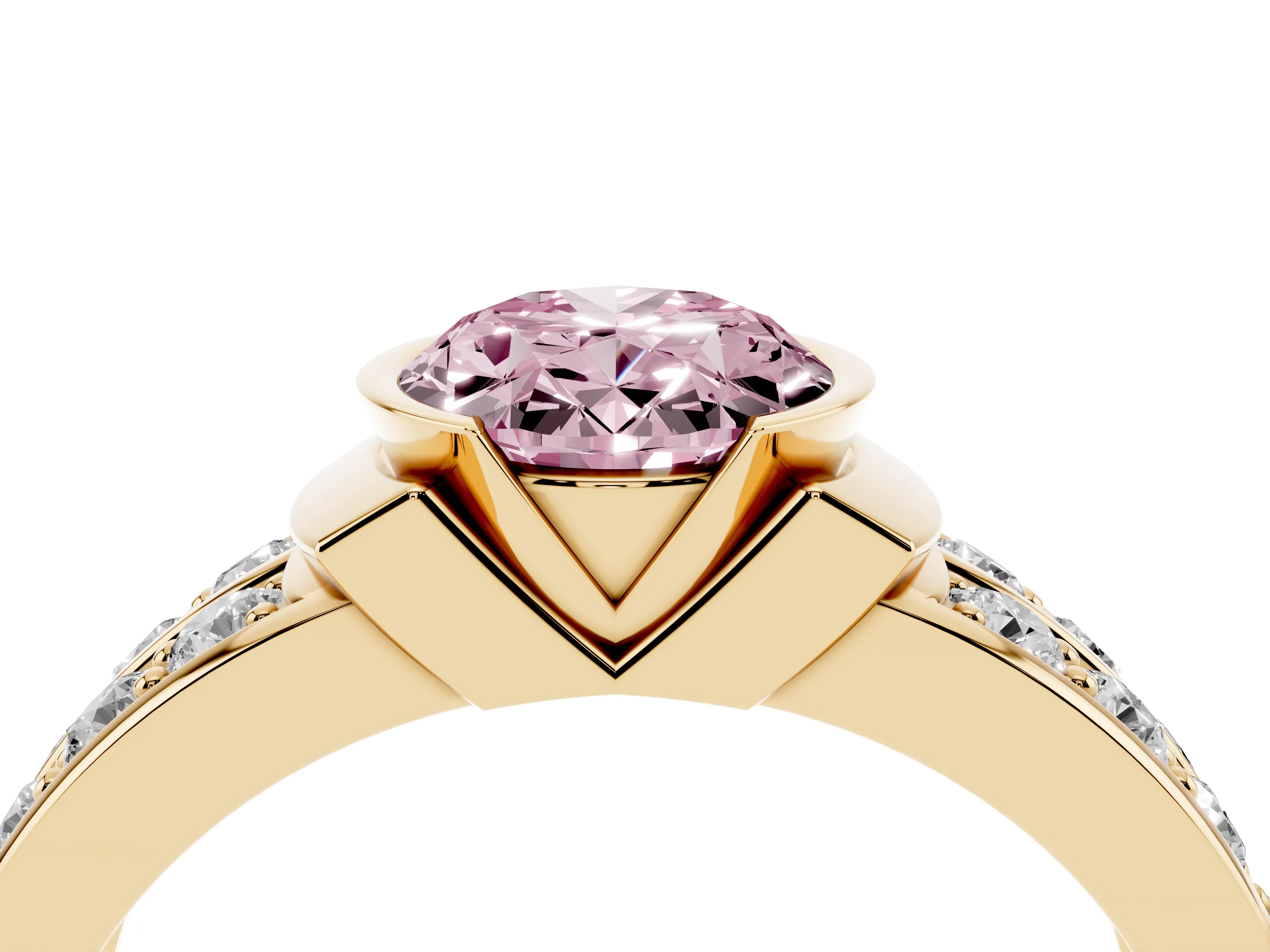 Fancy Pink Oval Cut Diamond Wide Channel Set Band Ring Set in Yellow gold with Bezel Setting