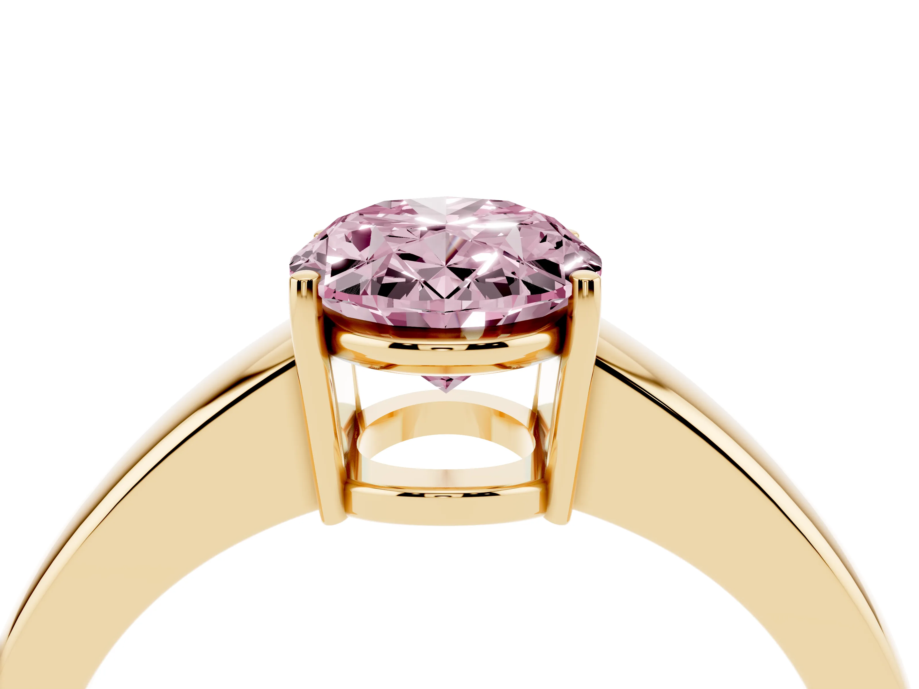 Fancy Pink Oval Cut Diamond Solitaire Ring Set in Yellow gold with Tapered Band and Prong Setting