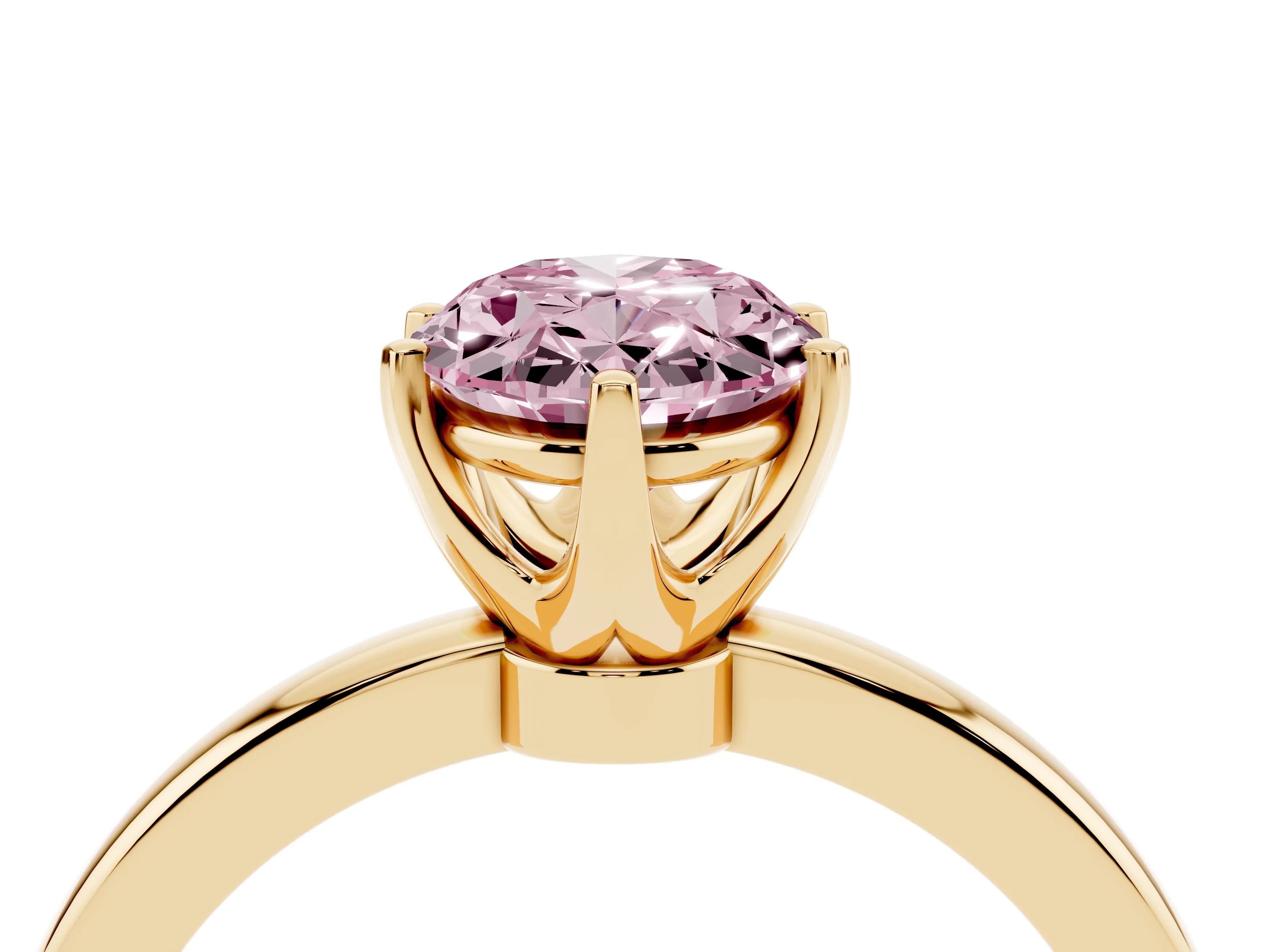 Fancy Pink Oval Cut Diamond Solitaire Ring Set in Yellow gold with Raised Prong Setting on a Classic Band