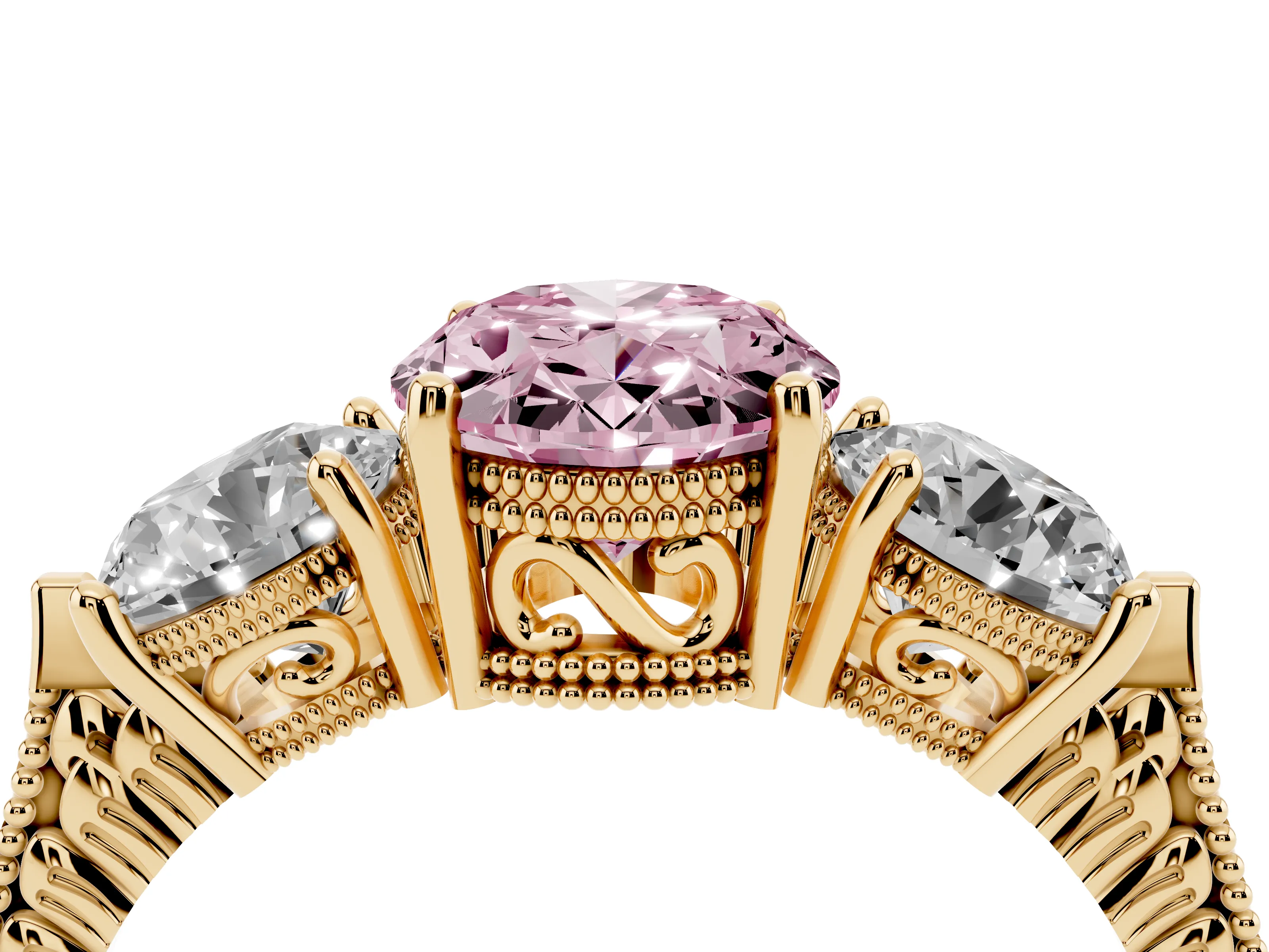 Fancy Pink Oval Cut Diamond Three-Stone Ring Set in Yellow gold with Milgrain Band