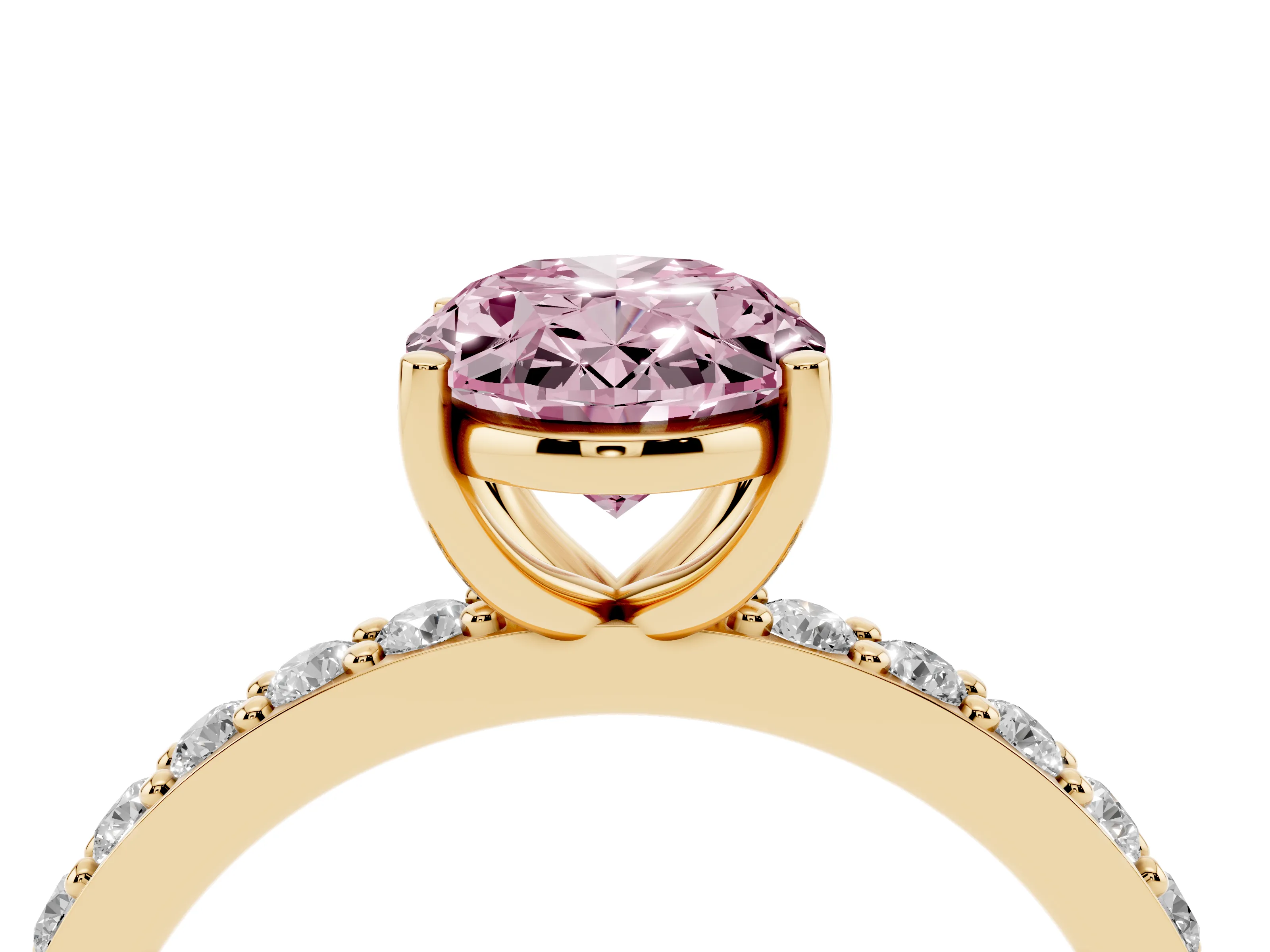 Fancy Pink Oval Cut Diamond Solitaire Set in Yellow gold with Round Pavé Band and Prong Setting