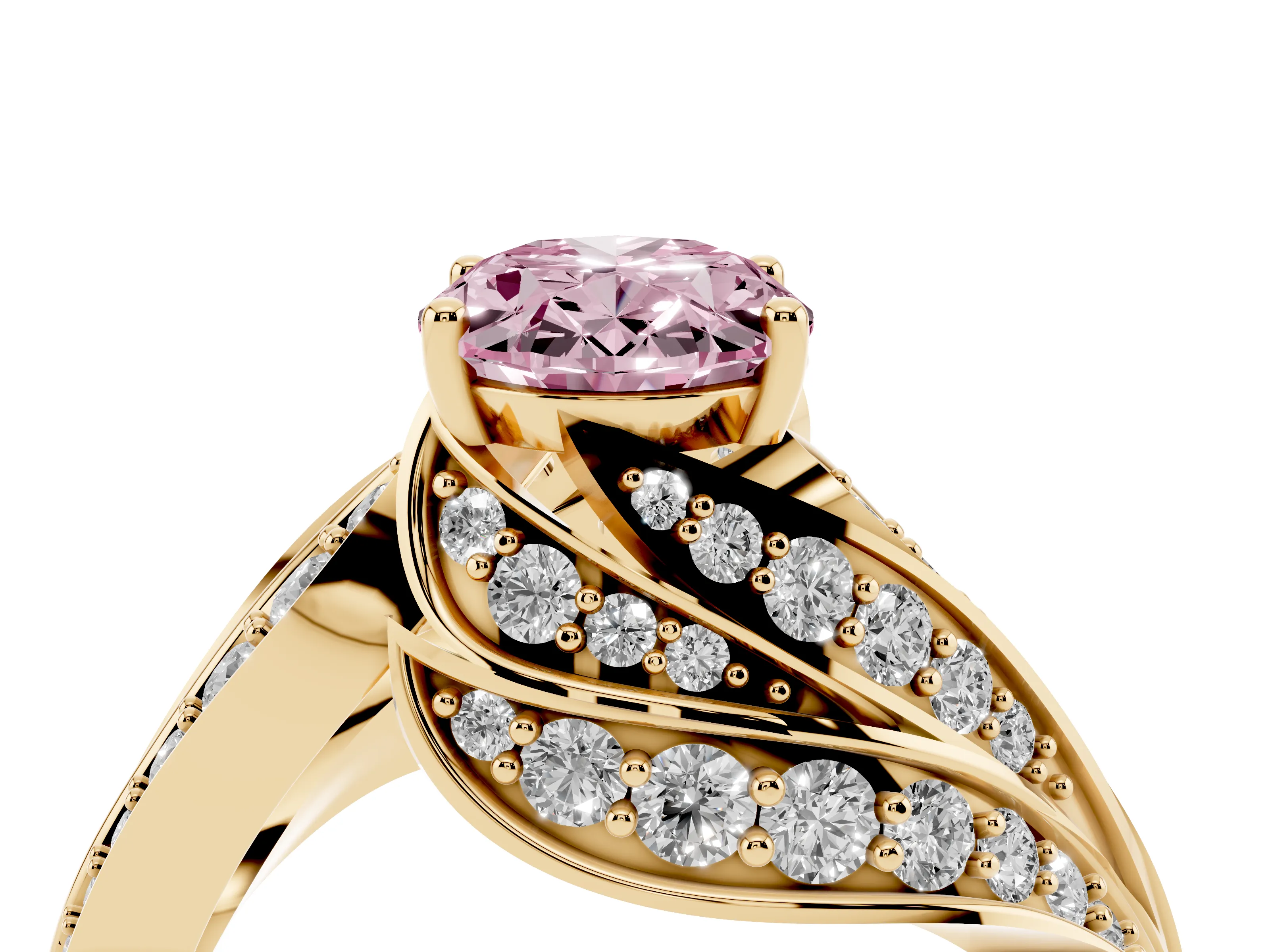 Fancy Pink Oval Cut Diamond Solitaire Ring Set in Yellow gold with Layered Twist Pavé Band